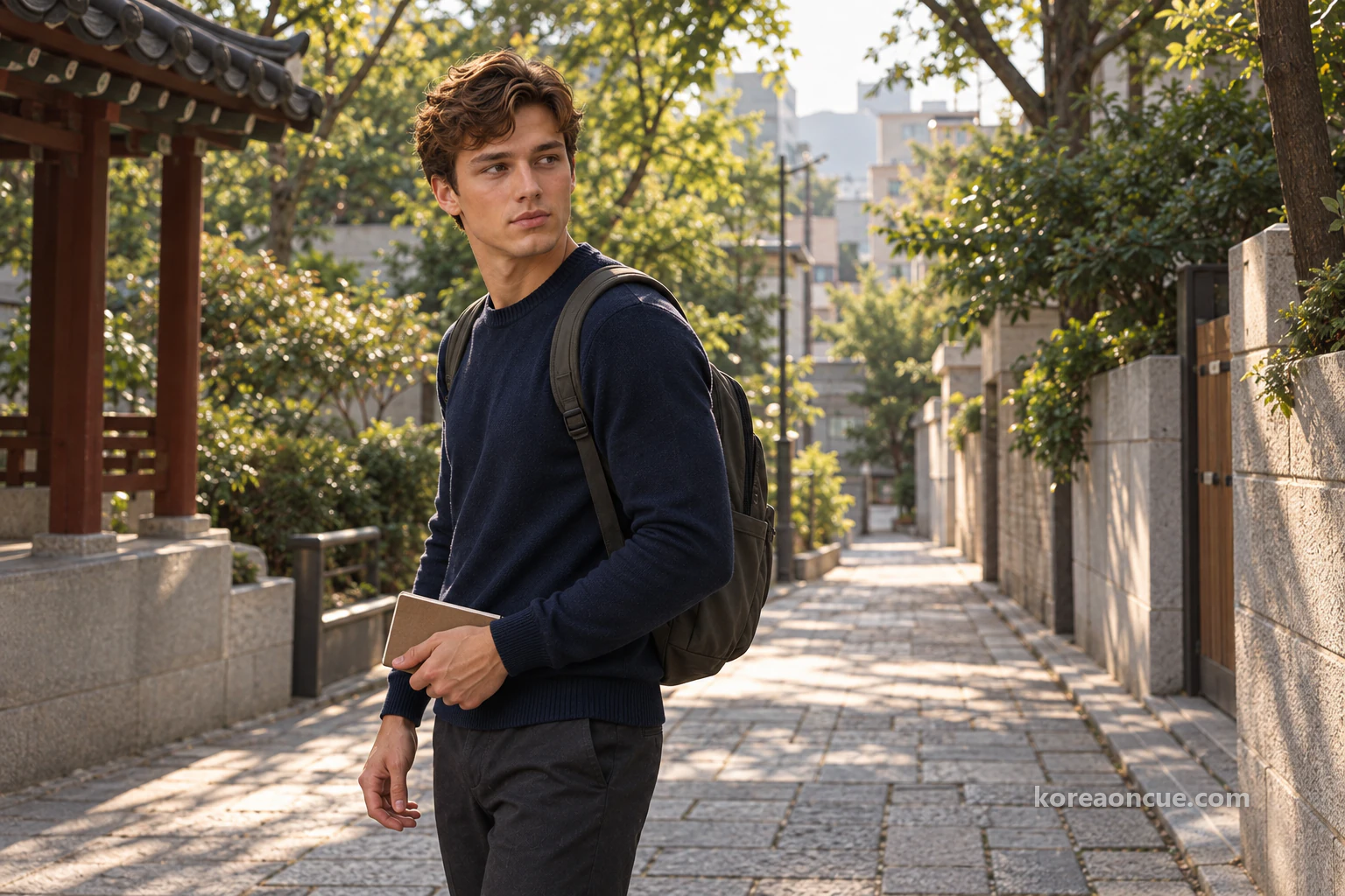 Noah half turning back while looking down a narrow shaded lane between modern low walls and trees in late afternoon, with a small traditional pavilion at the edge of the frame. Editorial image.