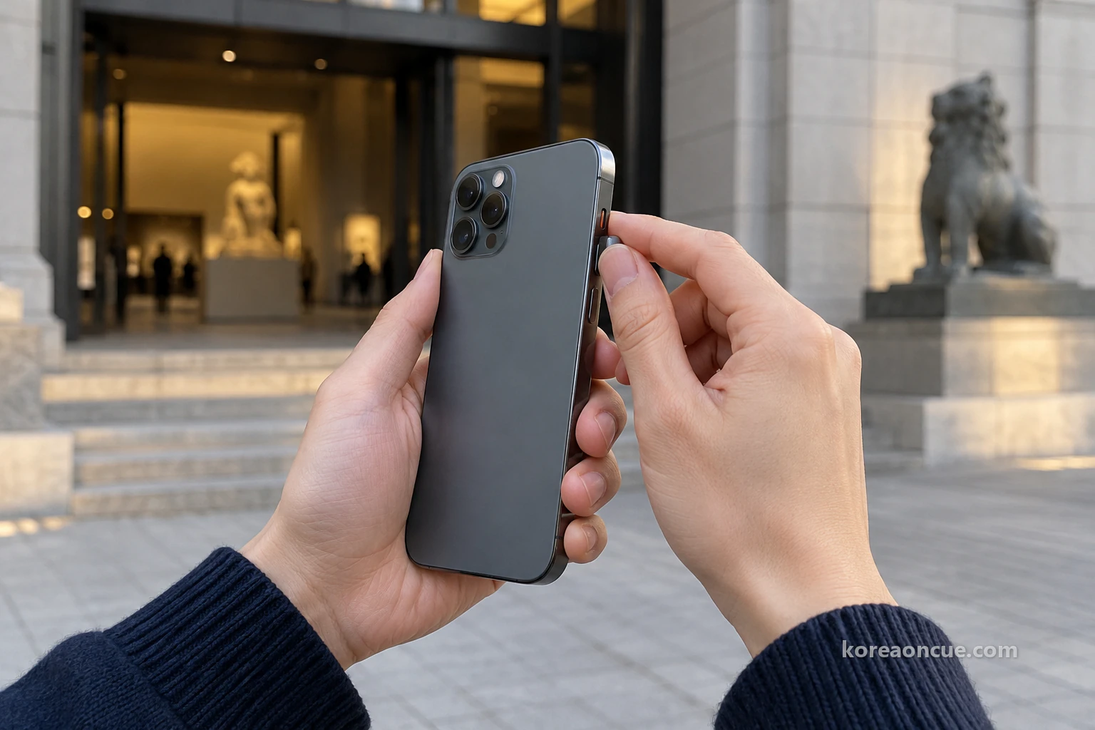 A close-up of two hands and navy knit sweater cuffs holding a phone with its back facing the camera, with a museum entrance blurred behind. Editorial image.
