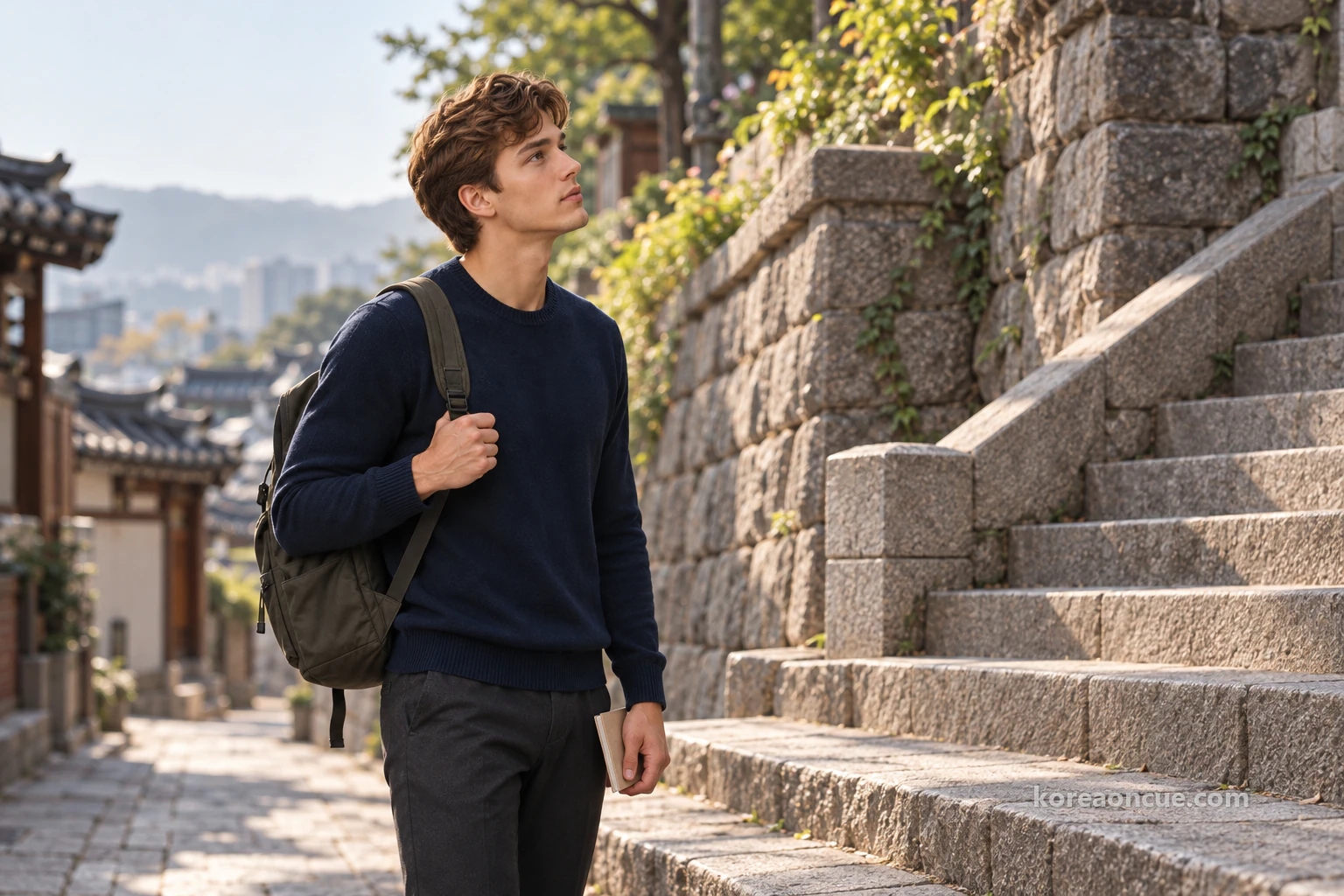 Noah in side profile, pausing at the foot of outdoor stone stairs beside a stone wall and looking up in quiet morning light. Editorial image.