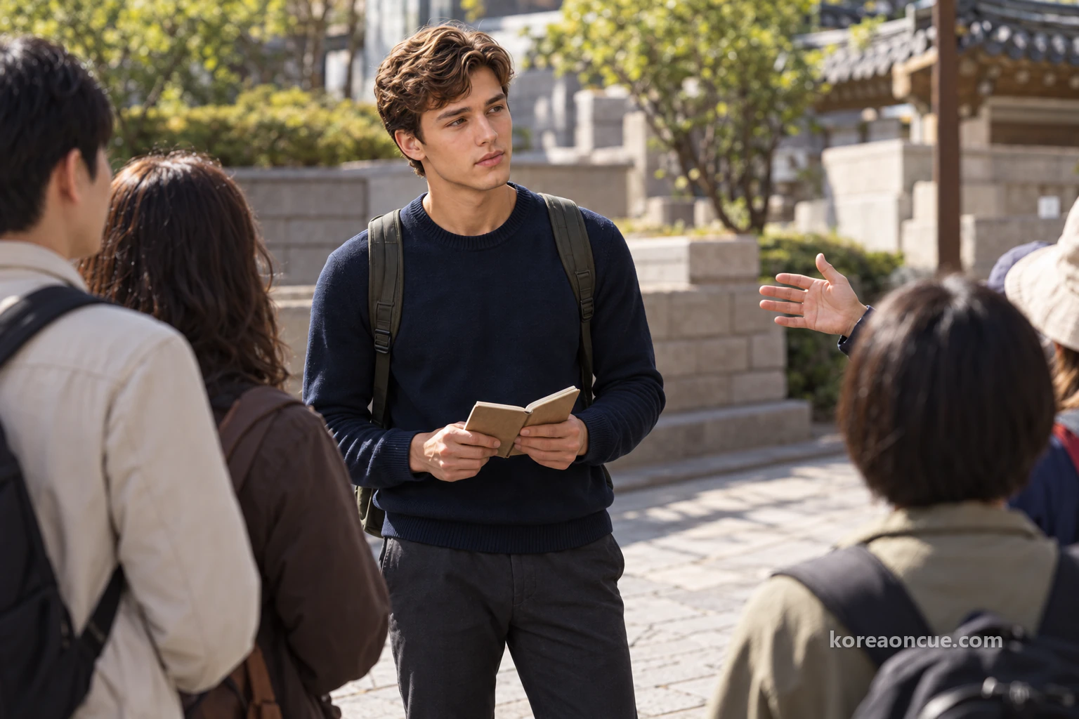 Noah waiting among a few people near an education building at midday, with the others seen from behind or blurred and only the guide’s gesturing hand visible. Editorial image.
