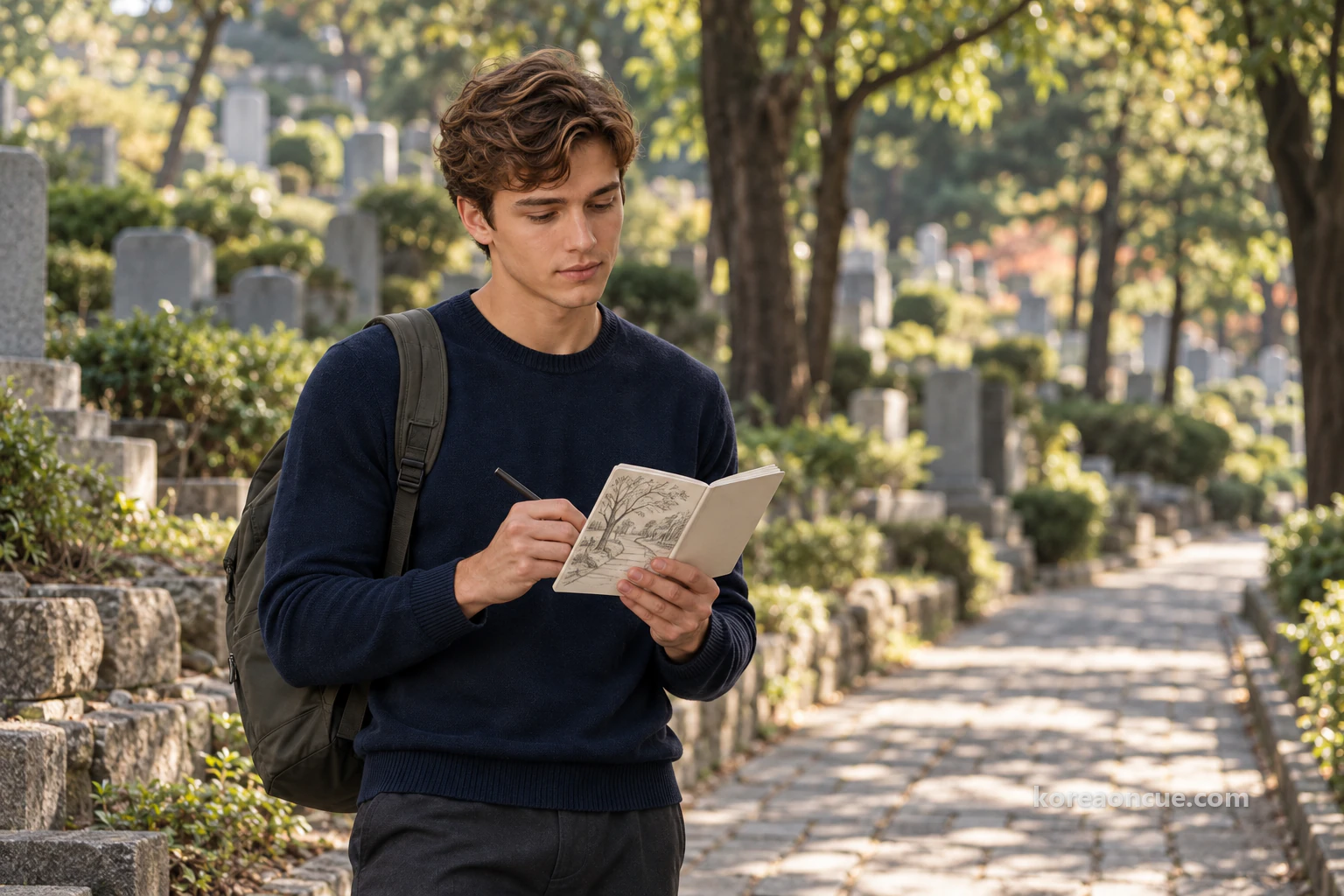 Noah standing at the edge of a path between graves on a quiet morning, sketching only trees and the path in his notebook, with gravestones blurred behind. Editorial image.