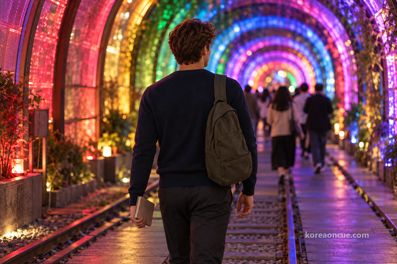 Noah seen from behind walking into a long tunnel of multicoloured light arches at night, colour spilling over his shoulders and notebook. Editorial image.