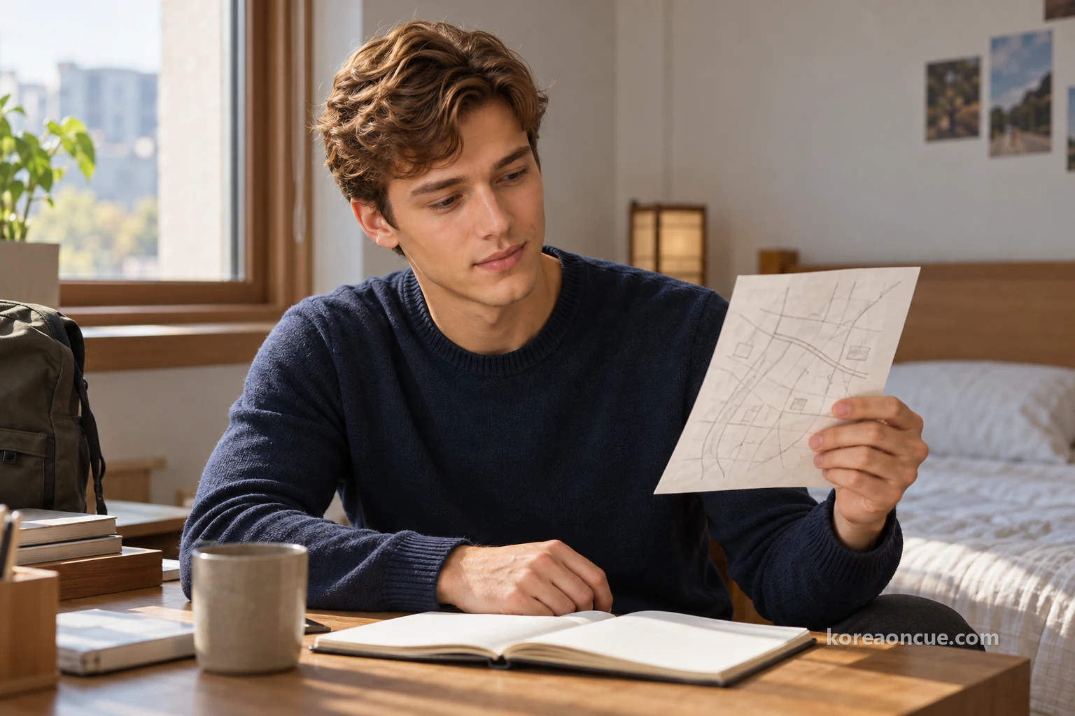 Noah at a desk in a small room in morning light, smiling slightly as he studies a single sheet of paper drawn only with lines, taken from the back of his notebook