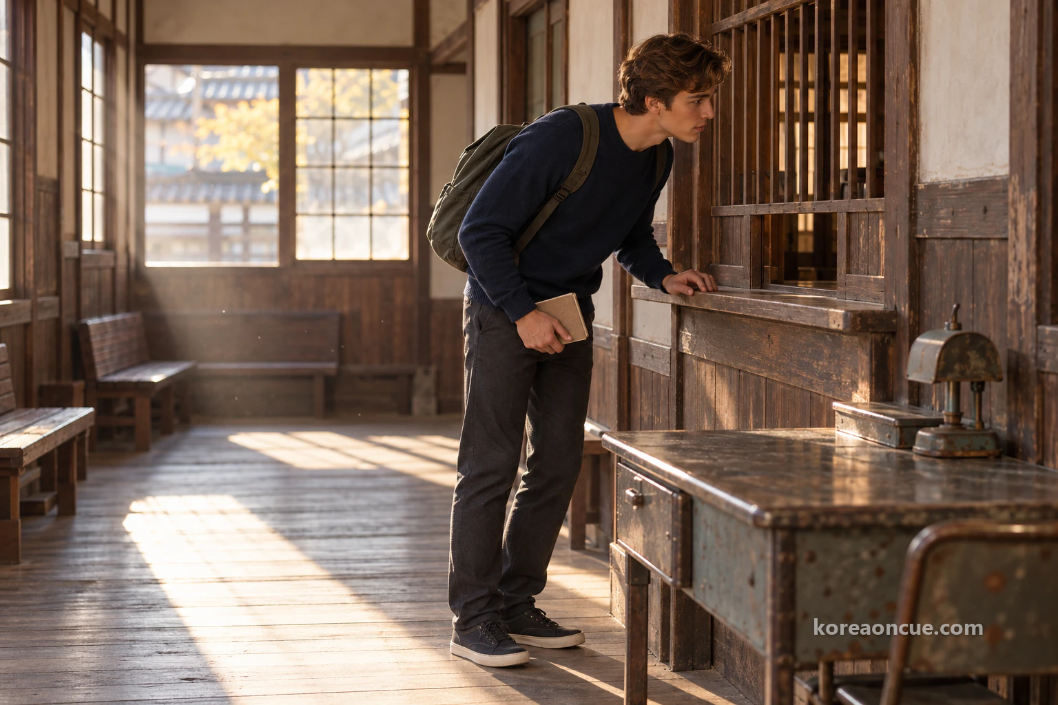 Noah in profile bending to peer through a small wooden-barred ticket window inside an old station building, a worn metal desk beside him and afternoon light from the window. Editorial image.