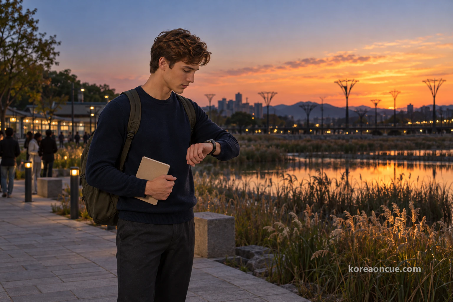 Noah in profile in front of a low wetland at dusk as the sky turns from orange to deep blue, notebook under his arm, looking down at his watch, with unlit light installations in silhouette in the distance. Editorial image.