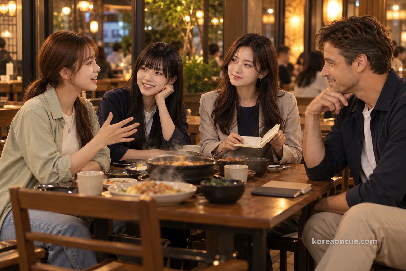 Four people around a square table in a modest restaurant, Rina and Ethan seated diagonally opposite, Lulu gesturing as she talks and Maya smiling as she listens with her phone put down, Rina partly opening the last page of her notebook, notebooks at one edge and blurred steaming plates. Editorial image.