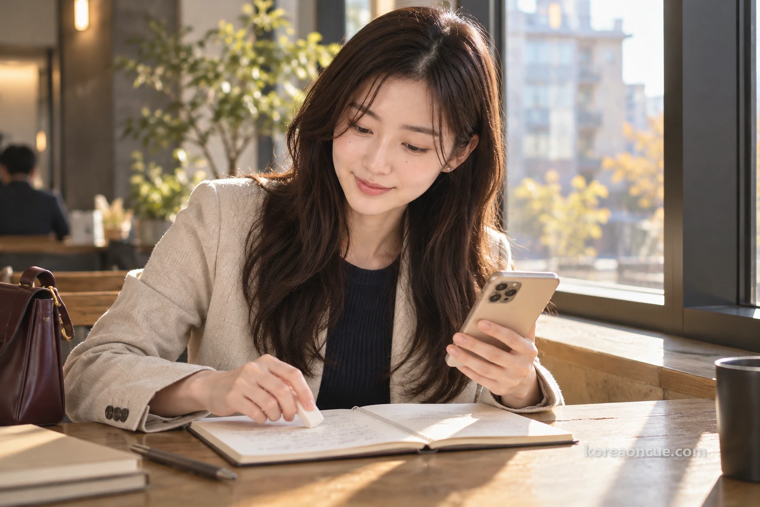 Rina at a desk by a window in late afternoon, smiling slightly as she erases a small mark on the last page of her open notebook, holding a phone with its back towards the viewer as slanting sunlight crosses the desk. Editorial image.