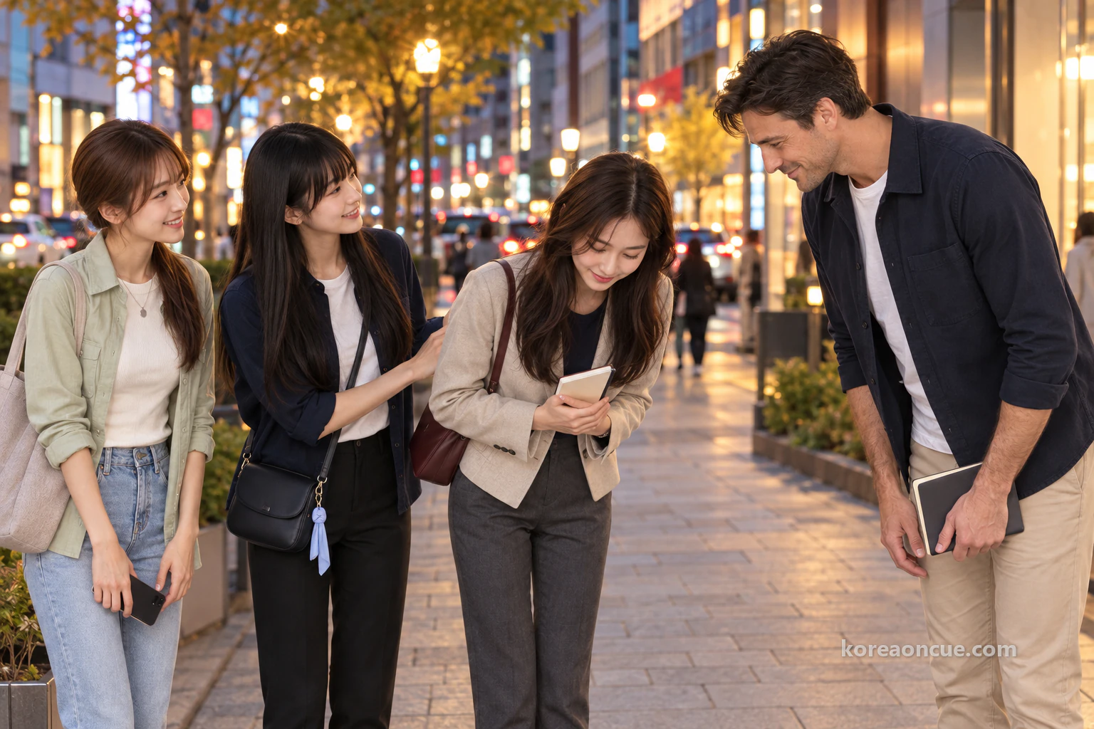 Maya resting a hand lightly on Rina’s back on an evening pavement as Rina bows with her notebook at chest height, Ethan bowing back a full step away with his notebook in one hand, Lulu smiling with her phone lowered on the left and lit windows behind them. Editorial image.