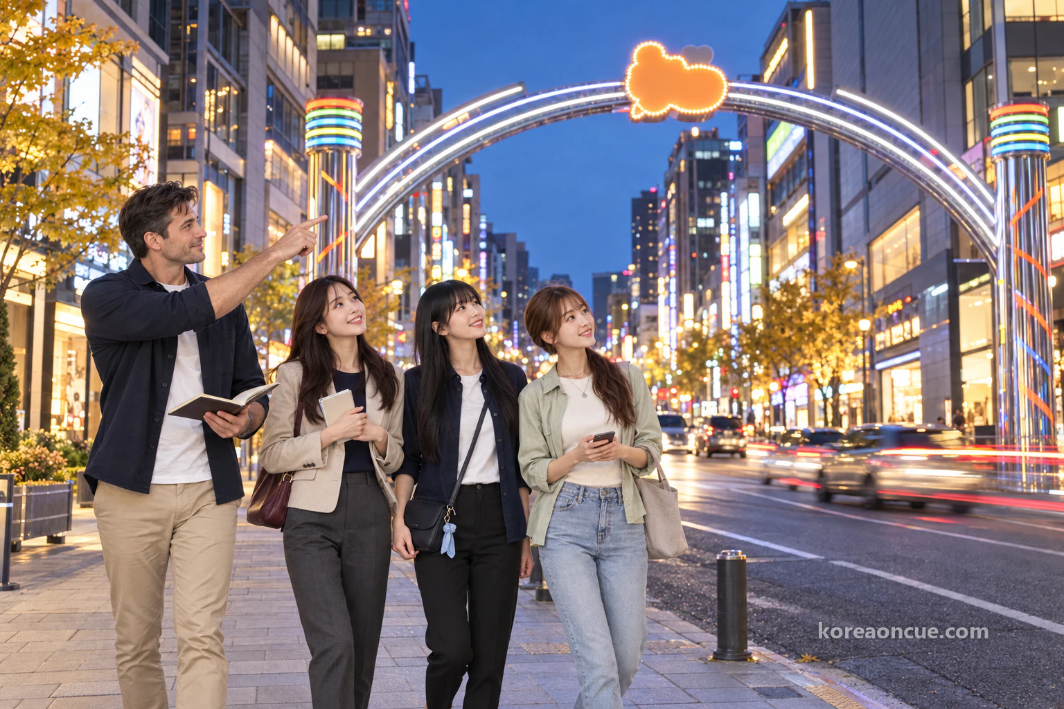 Four figures walking towards a large illuminated arch over a road at blue hour in early autumn, white light bands rising from striped pillars to an orange speech-bubble shape, lit commercial buildings and car light trails beyond; on the left pavement Ethan points ahead with his notebook open, Rina follows holding hers to her chest, Maya smiles beside her and Lulu holds her phone low. Editorial image.