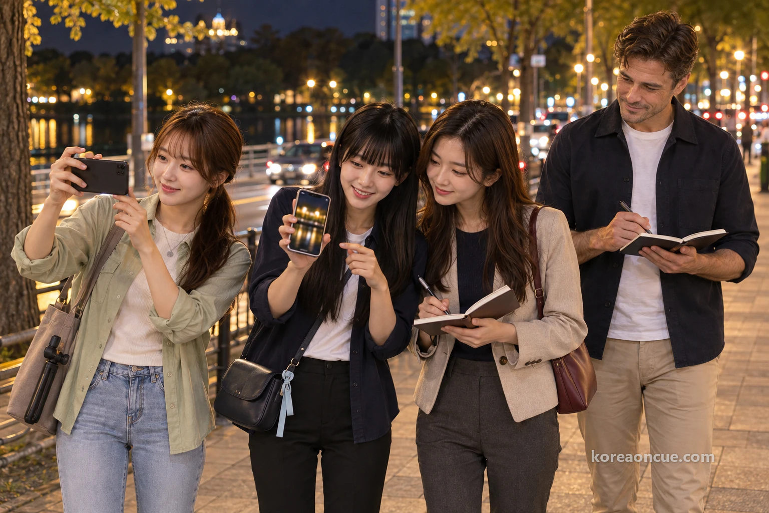 Maya holding up a phone with a softly blurred gold screen on a pavement beside a main road at night, Rina glancing at it while writing in her notebook, Lulu filming on the left and Ethan writing a step behind, a dark park across the road. Editorial image.