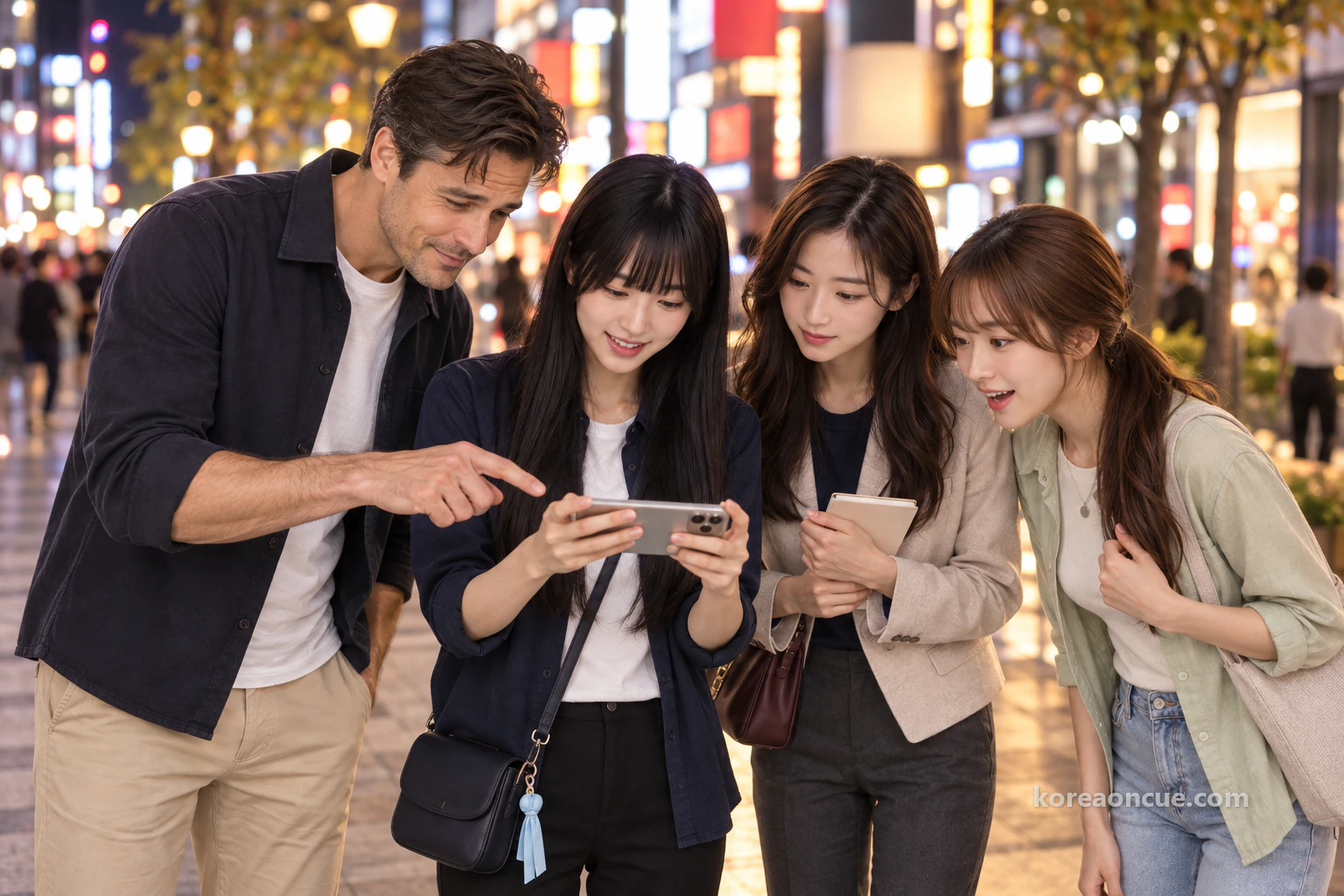 Maya holding a phone horizontally with two blurred colour fields on screen on an evening pavement, Ethan bending to point at one side, Lulu leaning in with her mouth open and Rina watching intently half a step behind with her notebook, signboard lights blurred in the background. Editorial image.