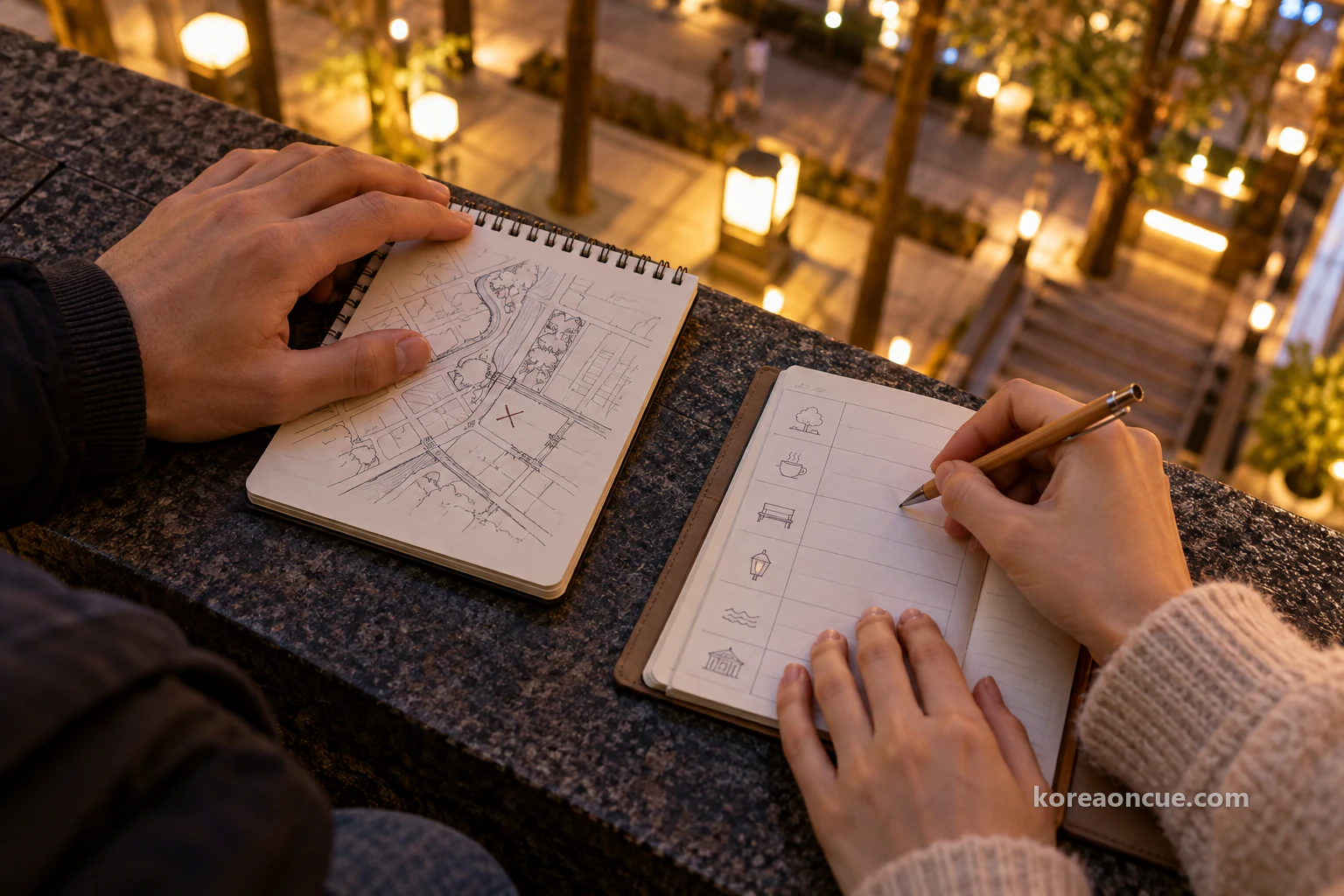 Close-up of two small notebooks open side by side on a low railing in warm street and signboard light, a large hand holding down the left page of lines and cross marks and another hand pausing with a pencil over the right page divided into two columns. Editorial image.