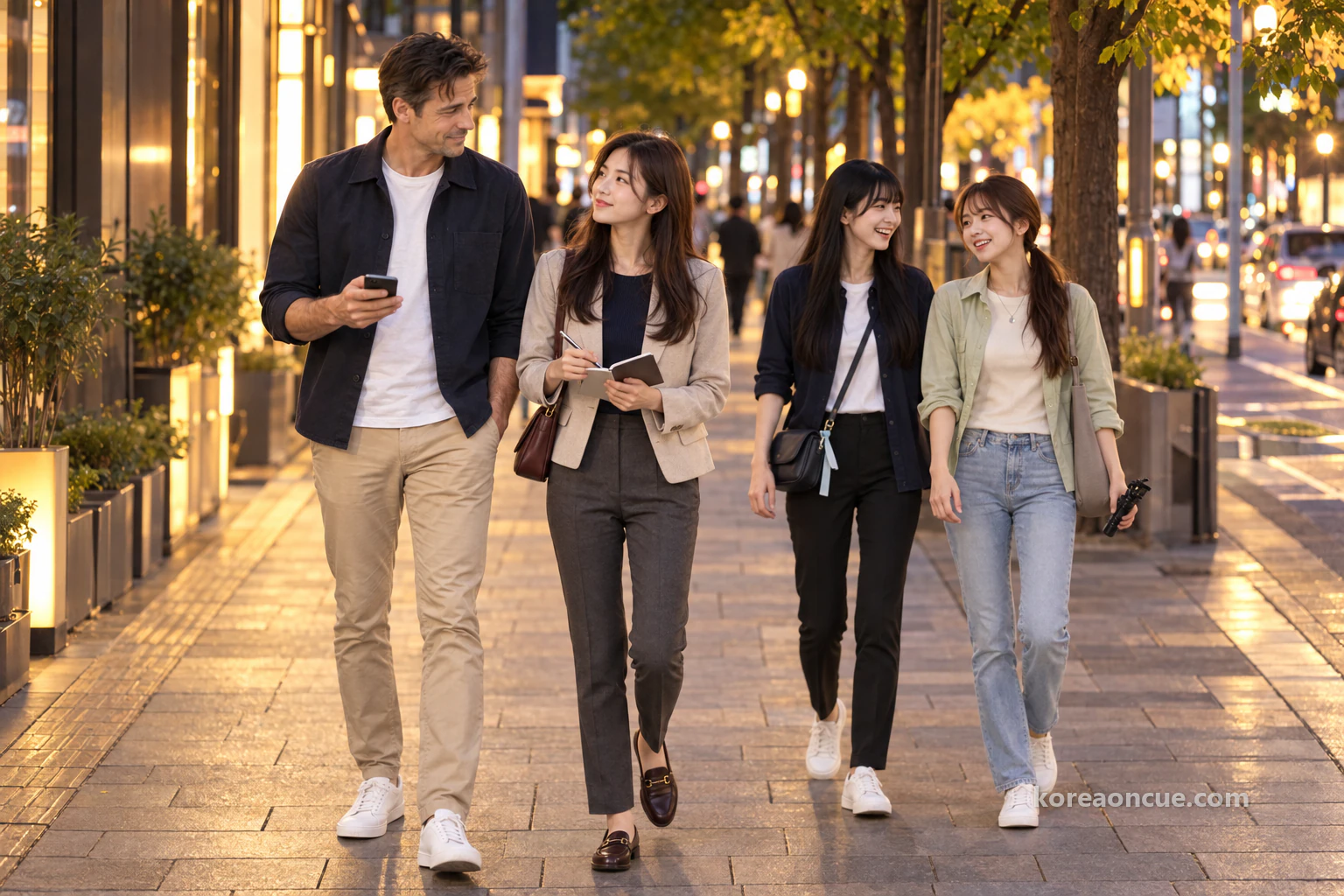 Rear view of four people walking along a wide evening pavement lined with trees and lit shopfronts, Ethan holding his phone and Rina carrying her notebook side by side with a small gap, Maya and Lulu laughing and talking behind them. Editorial image.