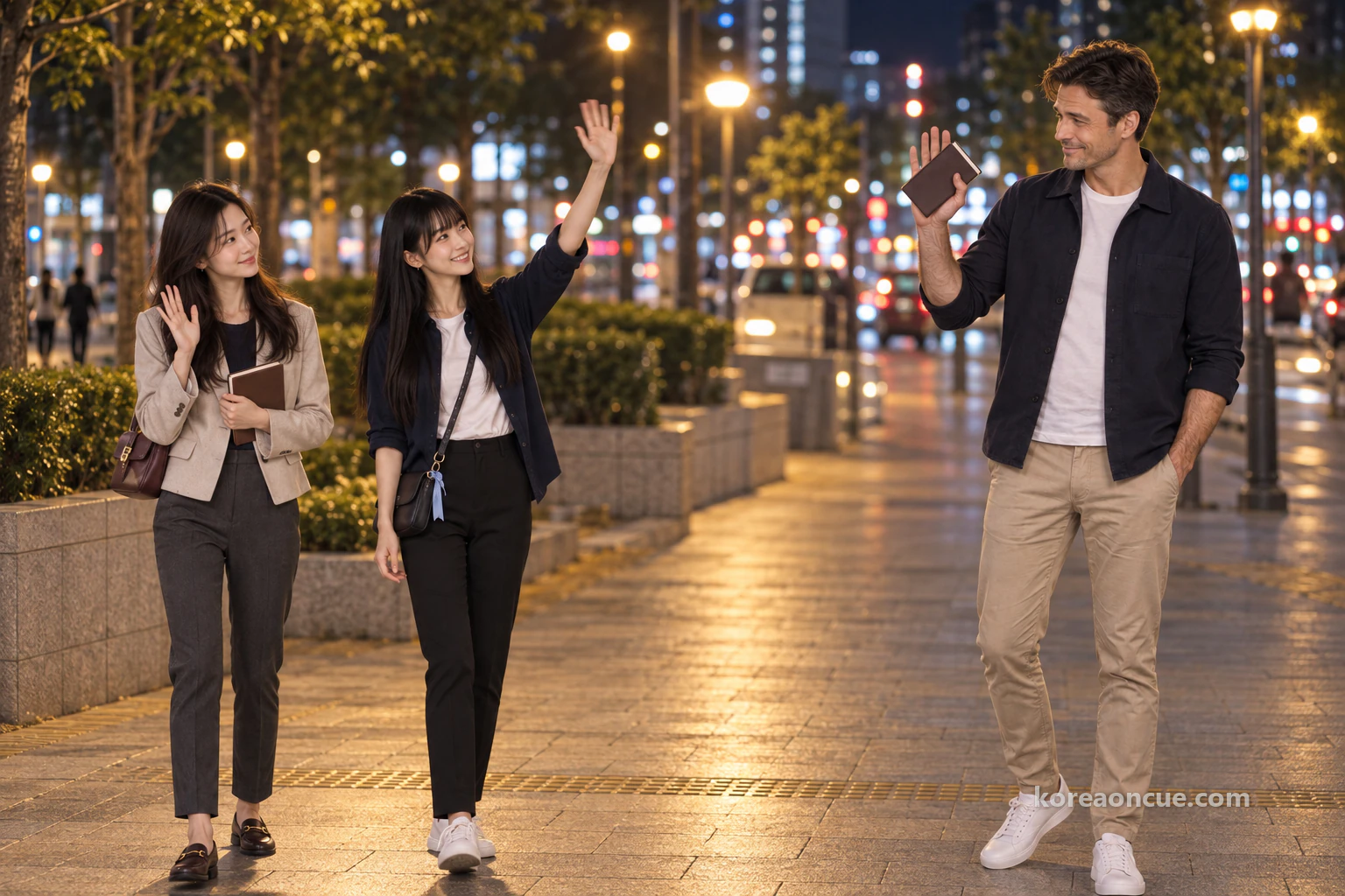 Rina holding her notebook to her chest beside Maya, who raises a hand high on a wide pavement at night, Ethan facing them across a comfortable gap and lifting the hand holding his notebook, warm street lamps and city lights stretching into the distance. Editorial image.