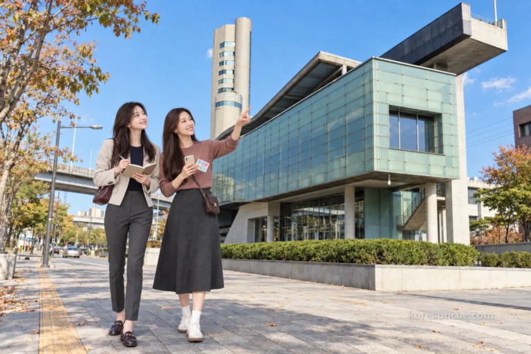 Mali’s fourth work trip to Seoul: walking upper Cheonggyecheon with Rina and a shared notebook page