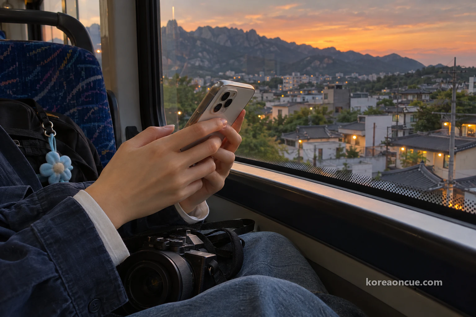 夕暮れのバスの窓際で、裏側だけが見えるスマートフォンを両手で持って返信を待つ手のクローズアップ。膝の上のカメラと手の甲の横に見える水色のバッグの飾り、窓の外で暗くなっていく山の稜線。編集イメージ。