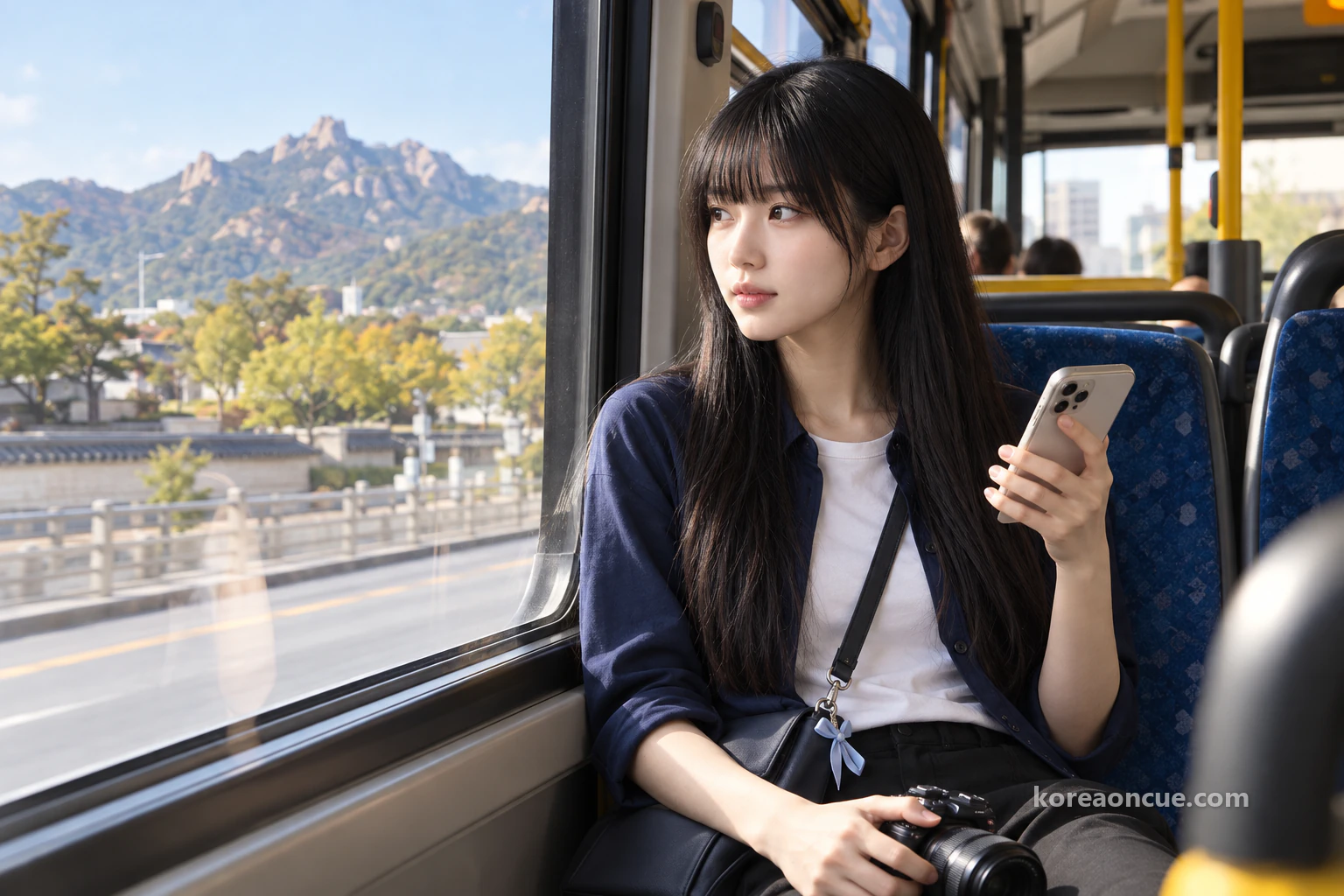 朝の路線バスの窓際の席で、遠くに近づいてくる岩の稜線を眺めるマヤ。膝の上のカメラに片手を置き、もう一方の手には裏側だけが見えるスマートフォン、窓にうっすら映る空。編集イメージ。