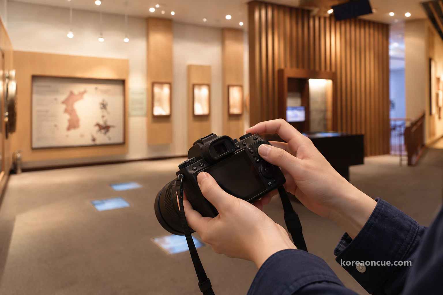 静かな展示室で、レンズを下に向けたカメラを胸の高さで両手に持つ手のクローズアップ。電源ボタンの近くに添えた指、背後にぼやけた木の壁と展示ケースの温かな照明。編集イメージ。