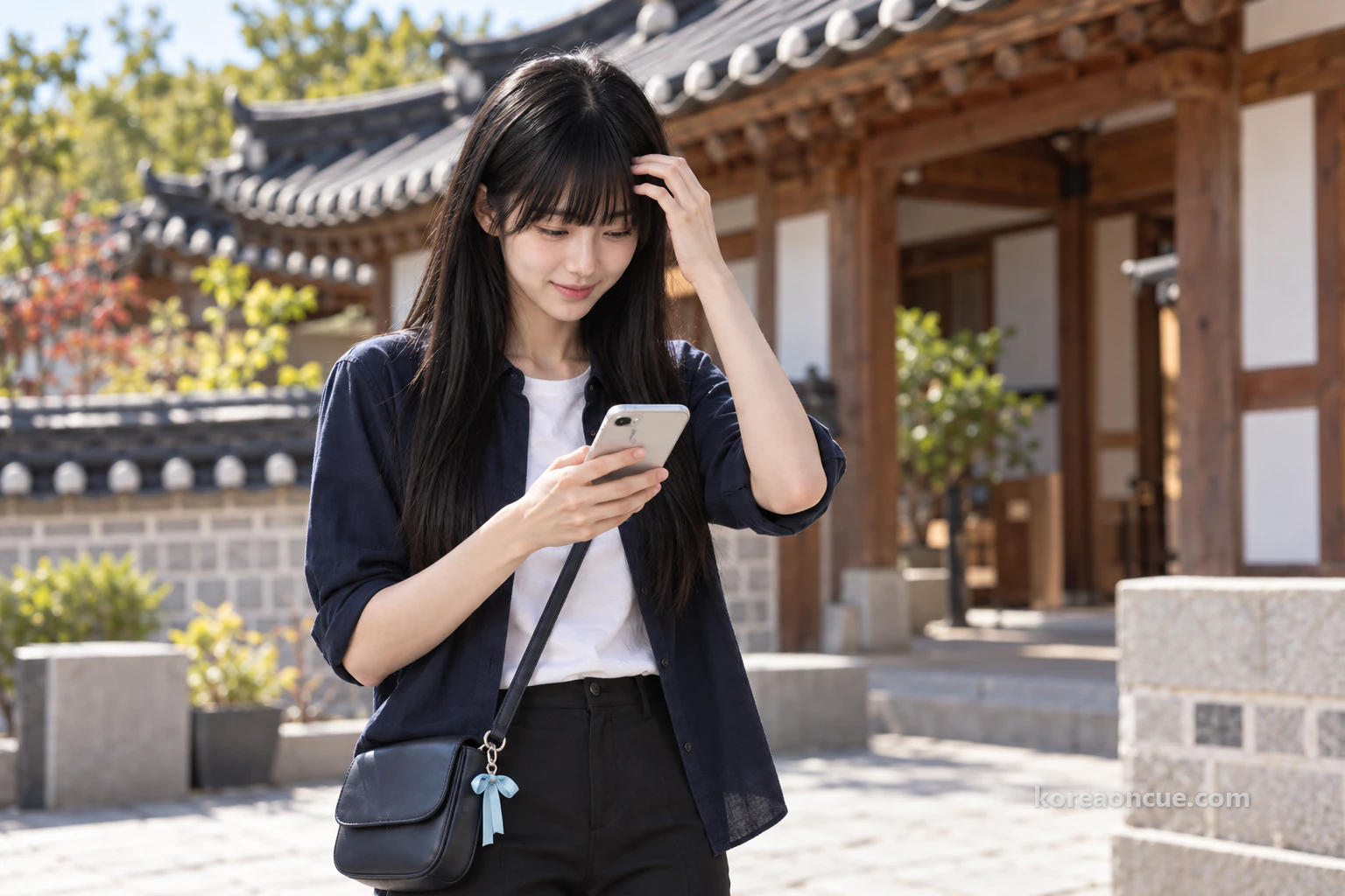 昼、韓屋風の案内センターの入口前で、裏側だけが見えるスマートフォンを見下ろし、片手で額を押さえて照れ笑いするマヤ。背後にぼやけた瓦の軒。編集イメージ。