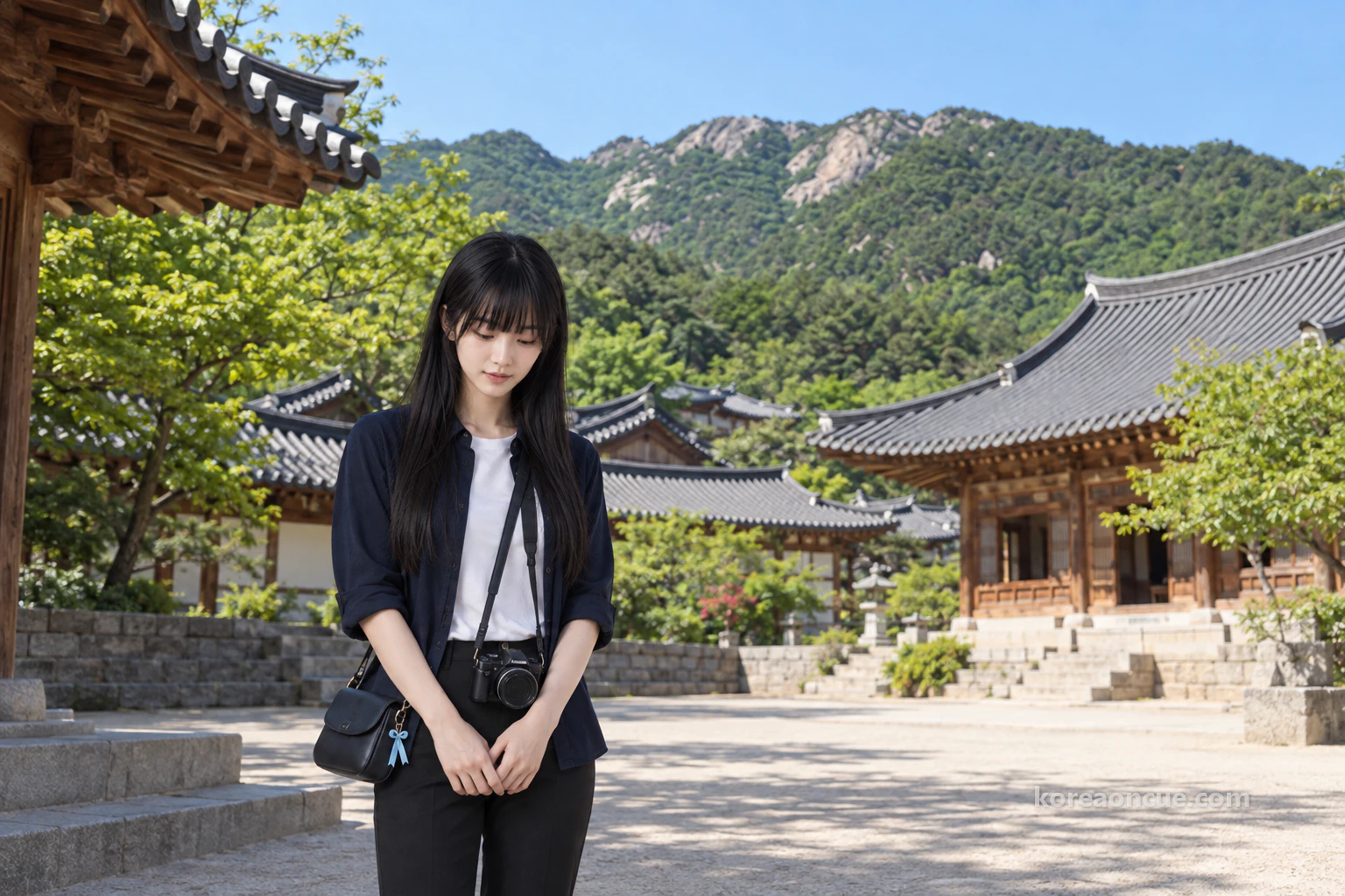 午後、広い寺の庭の端で両手を軽く前で重ね、本堂のほうへ少し頭を下げるマヤ。腰のあたりに下がったカメラ、背後に木の柱と濃い灰色の瓦屋根の堂宇、その向こうに花崗岩の山。編集イメージ。
