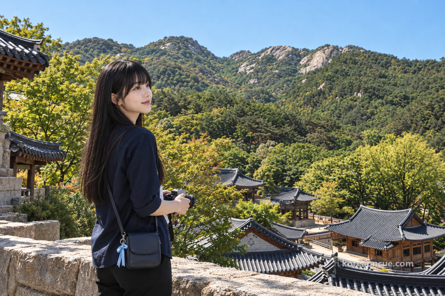 Maya seen three-quarter from behind on the raised edge of a temple courtyard on a clear late-autumn afternoon, her camera lowered to her waist, smiling quietly as she looks past layers of dark grey tiled roofs and wooded slopes to a pale granite ridge. Editorial image.