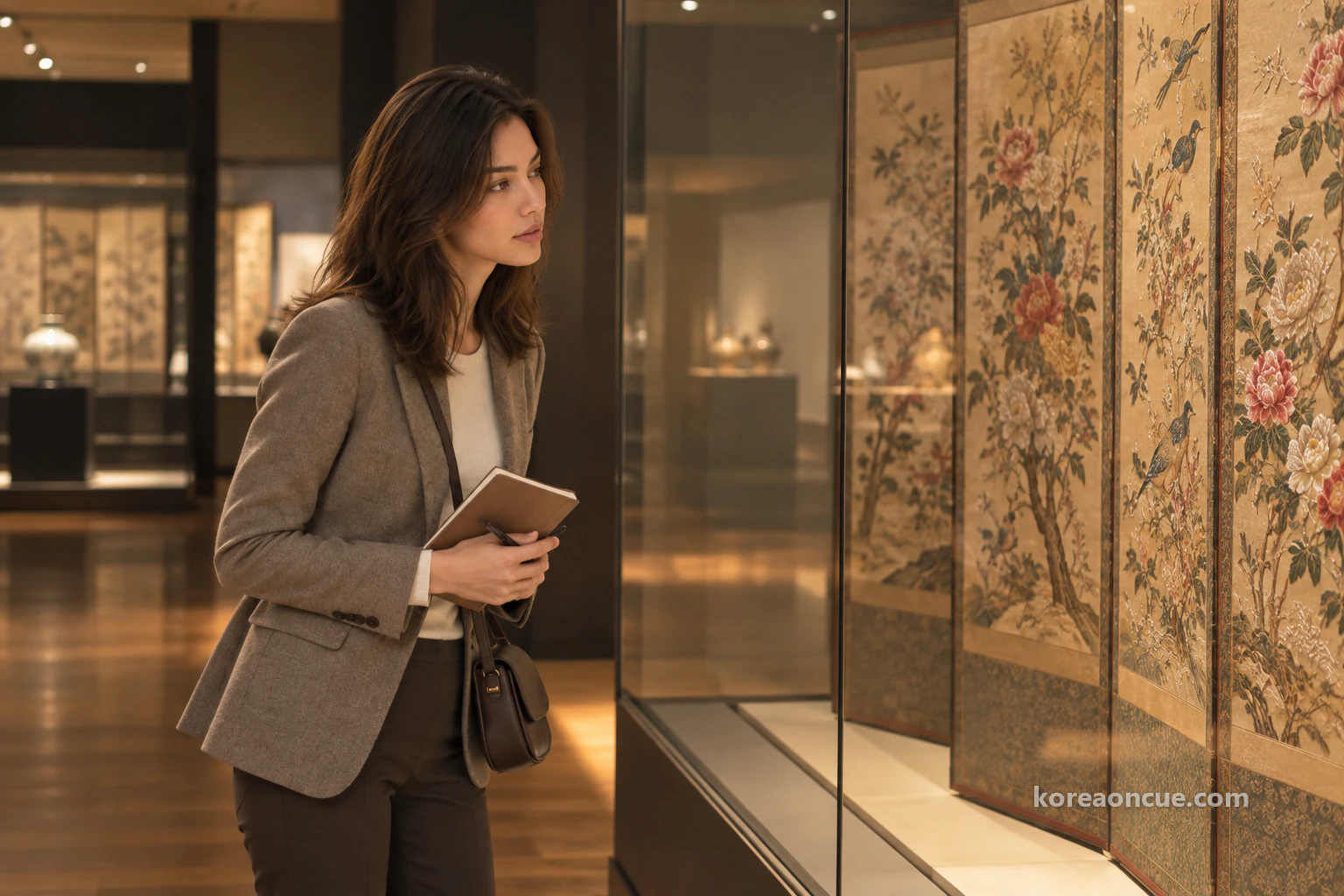 Side view of Elena leaning slightly towards a large embroidered folding screen with blurred flowers and birds inside a glass case, both hands holding her notebook close to her body in dim, warm gallery light. Editorial image.