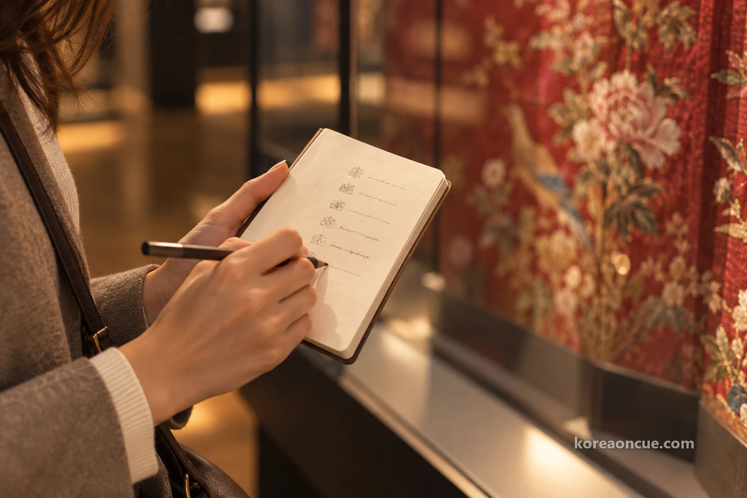 Close-up of a woman’s hand with natural nails holding a pencil over an open notebook with six short horizontal lines and tiny blurred notes, a soft red embroidery glow beyond display-case glass at the edge of the frame. Editorial image.