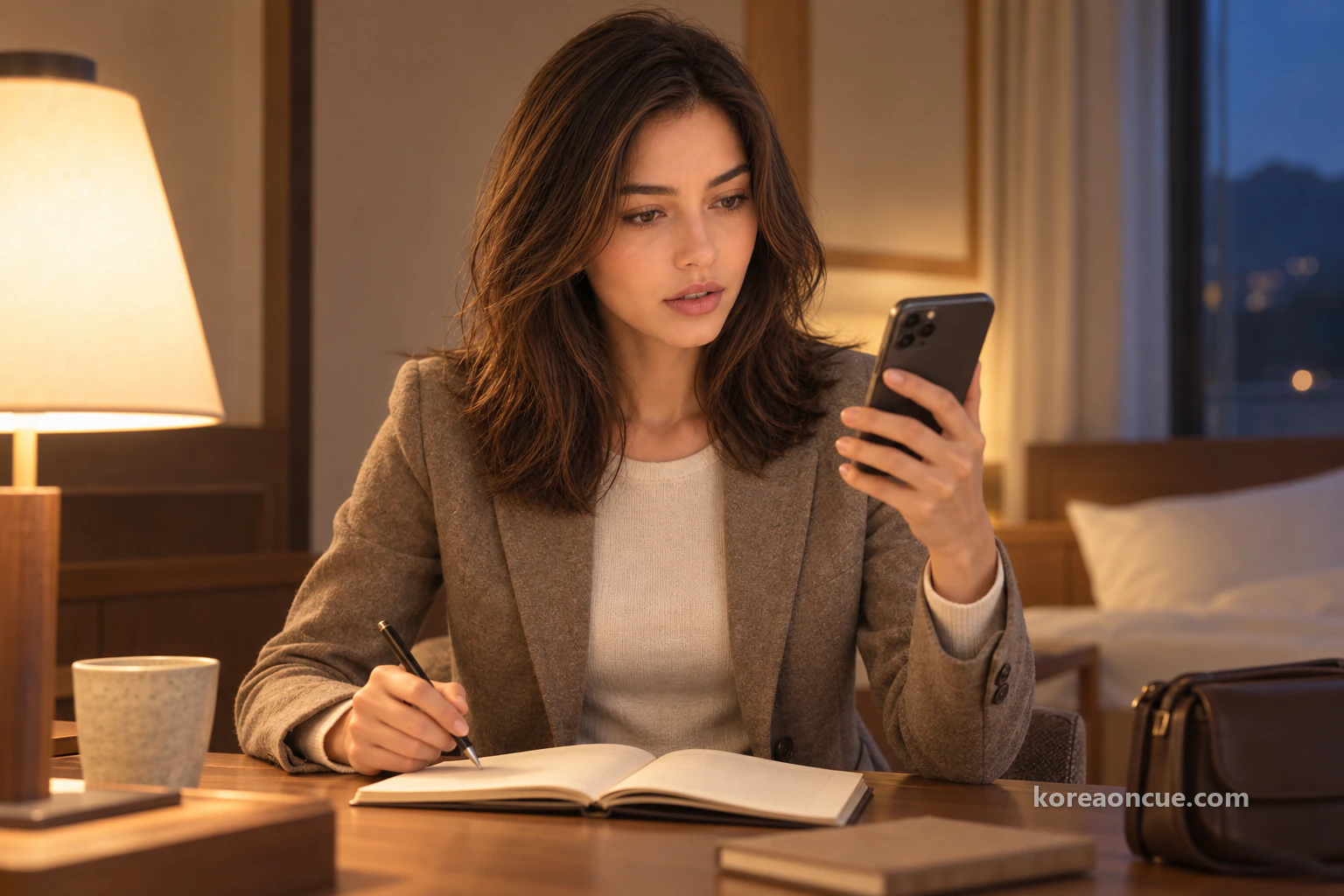 Upper-body view of Elena at a desk at night, eyebrows slightly raised as she reads her phone with a pen paused over an open notebook, the back of the phone facing the viewer in warm lamplight. Editorial image.