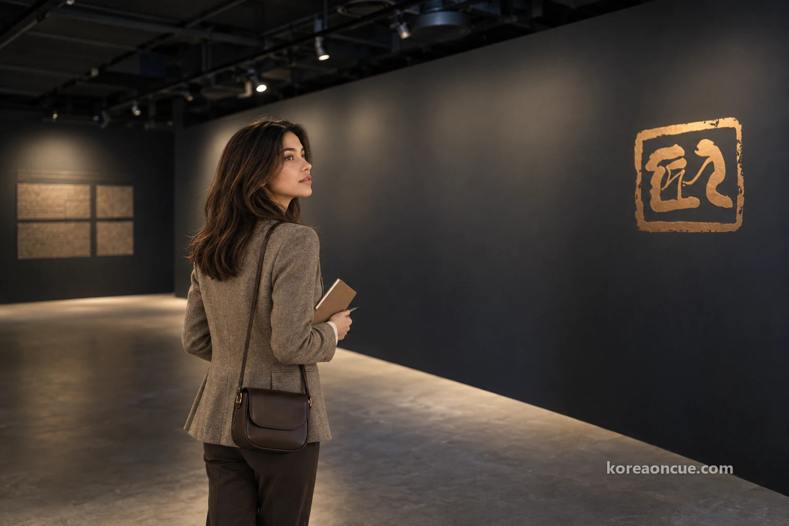 Elena seen from behind with her profile visible, looking up at a dark grey wall with a golden seal-like motif at a gallery entrance, with dim ceiling fixtures and low lighting. Editorial image.