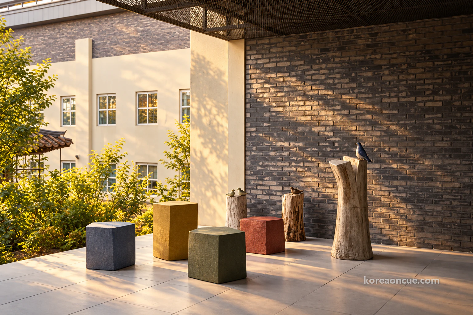 An empty covered outdoor terrace with a dark brick wall, scattered blue, yellow, green and reddish-brown hexagonal column seats, a small bird-shaped sculpture on a wooden post, and trees and old school-style windows beyond glass on the left in slanting afternoon light. Editorial image.