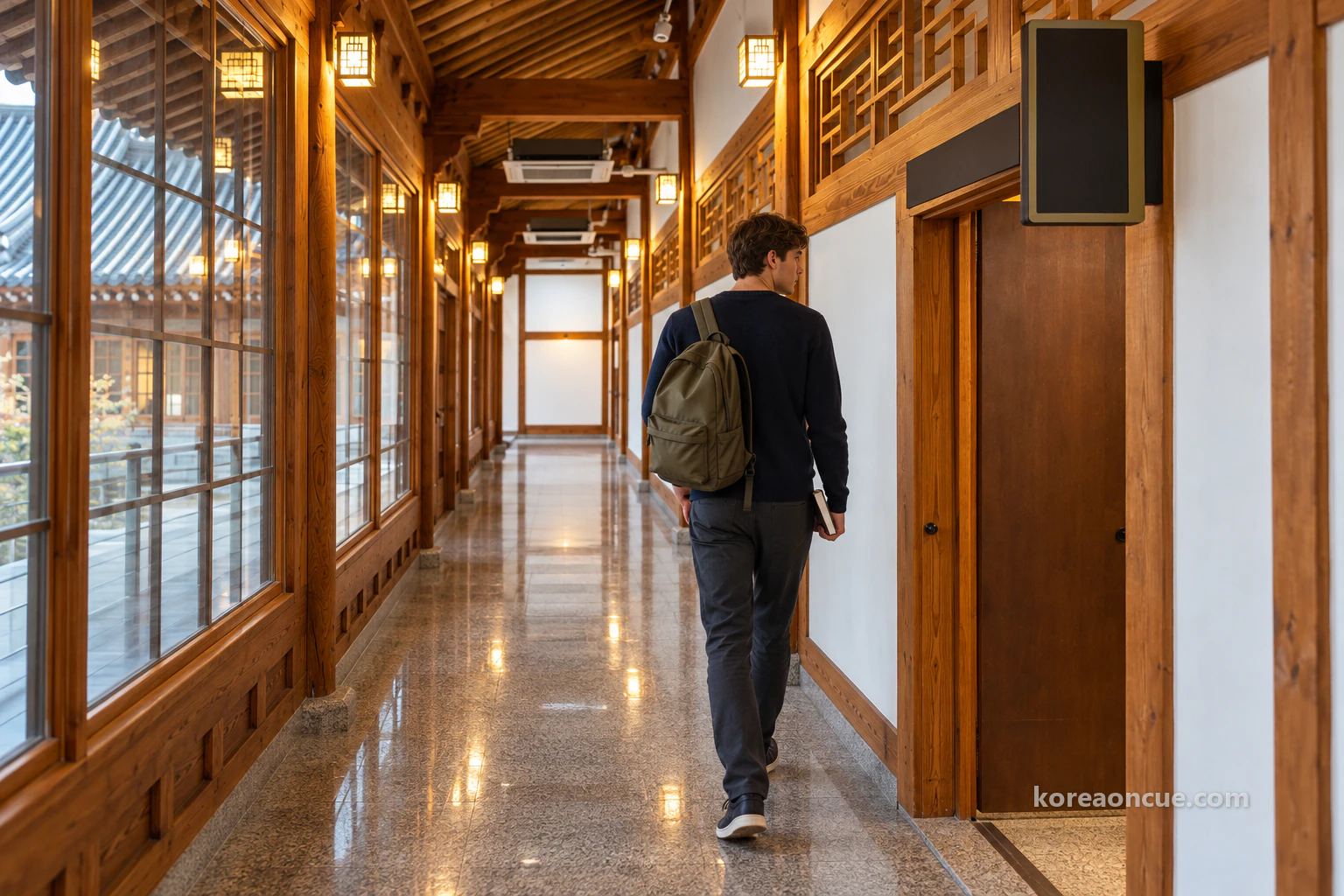 Full-length rear view of Noah walking down a long corridor with a polished brown granite floor towards a wooden door on the right, tiled roofs visible through tall wooden-framed windows on the left, white walls and lattice windows on the right, exposed rafters and lantern-shaped ceiling lights. Editorial image.