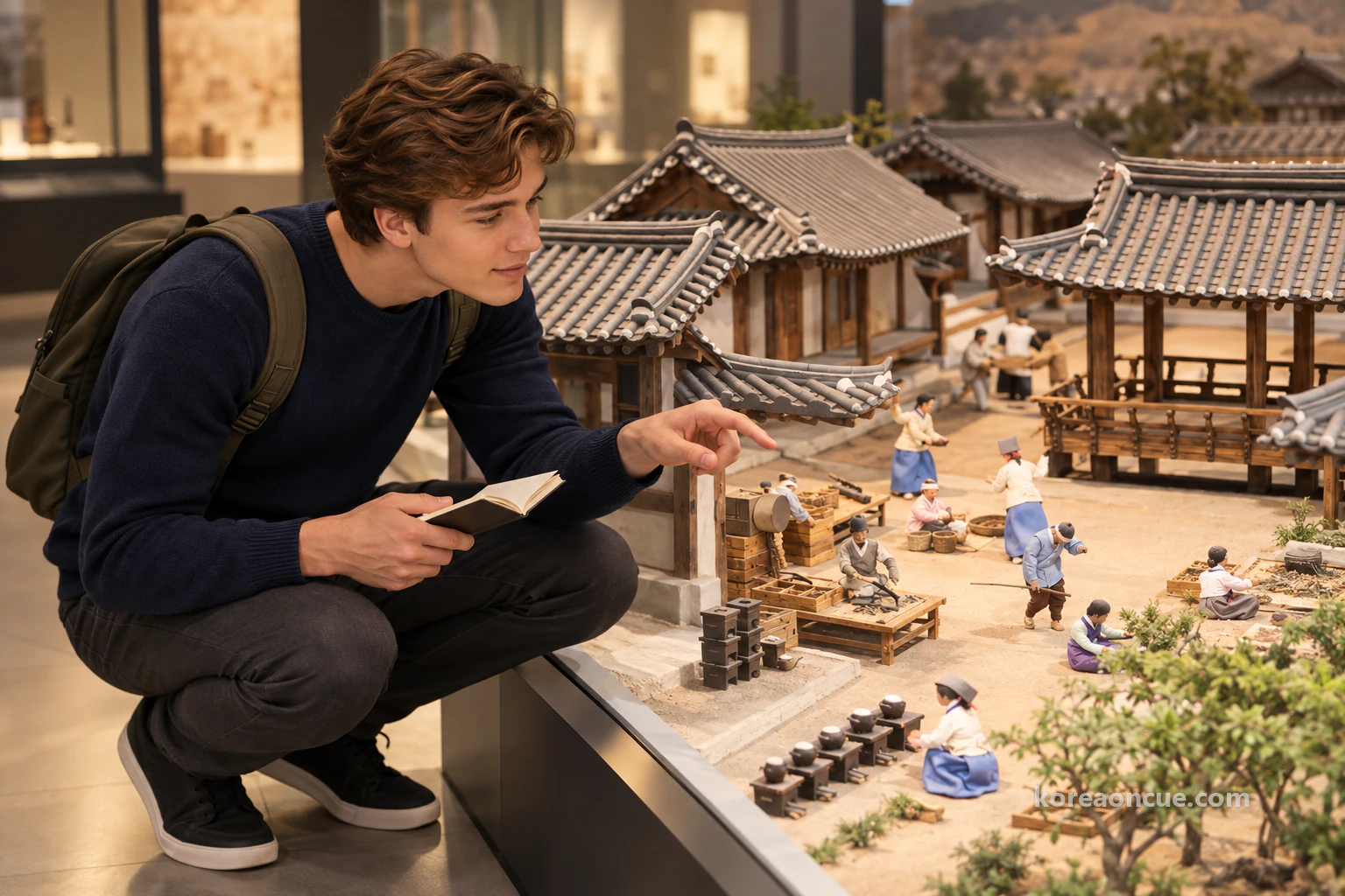 Noah crouching beside a miniature tiled-roof village with figurines drying, sorting and pounding herbs in a courtyard, smiling slightly as he traces a path with a finger hovering above the model without touching it. Editorial image.