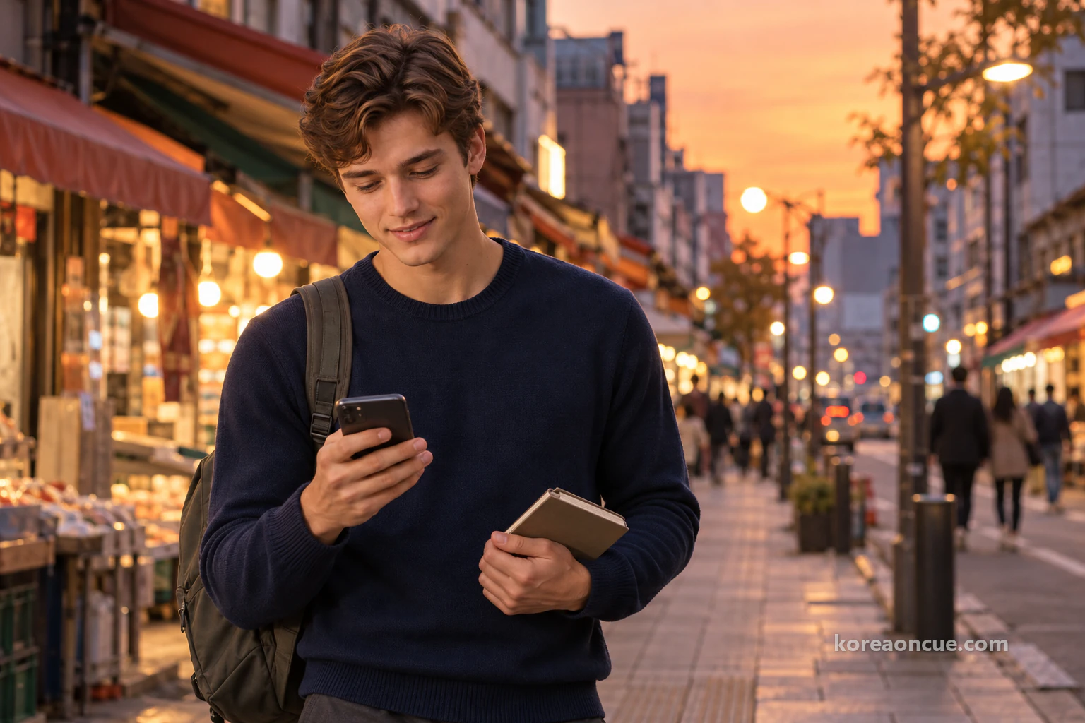 Upper-body view of Noah at the side of a street at dusk, a smile beginning as he looks down at his phone while holding a folded notebook in his other hand, the back of the phone facing the viewer, low buildings and an orange sky blurred behind him. Editorial image.