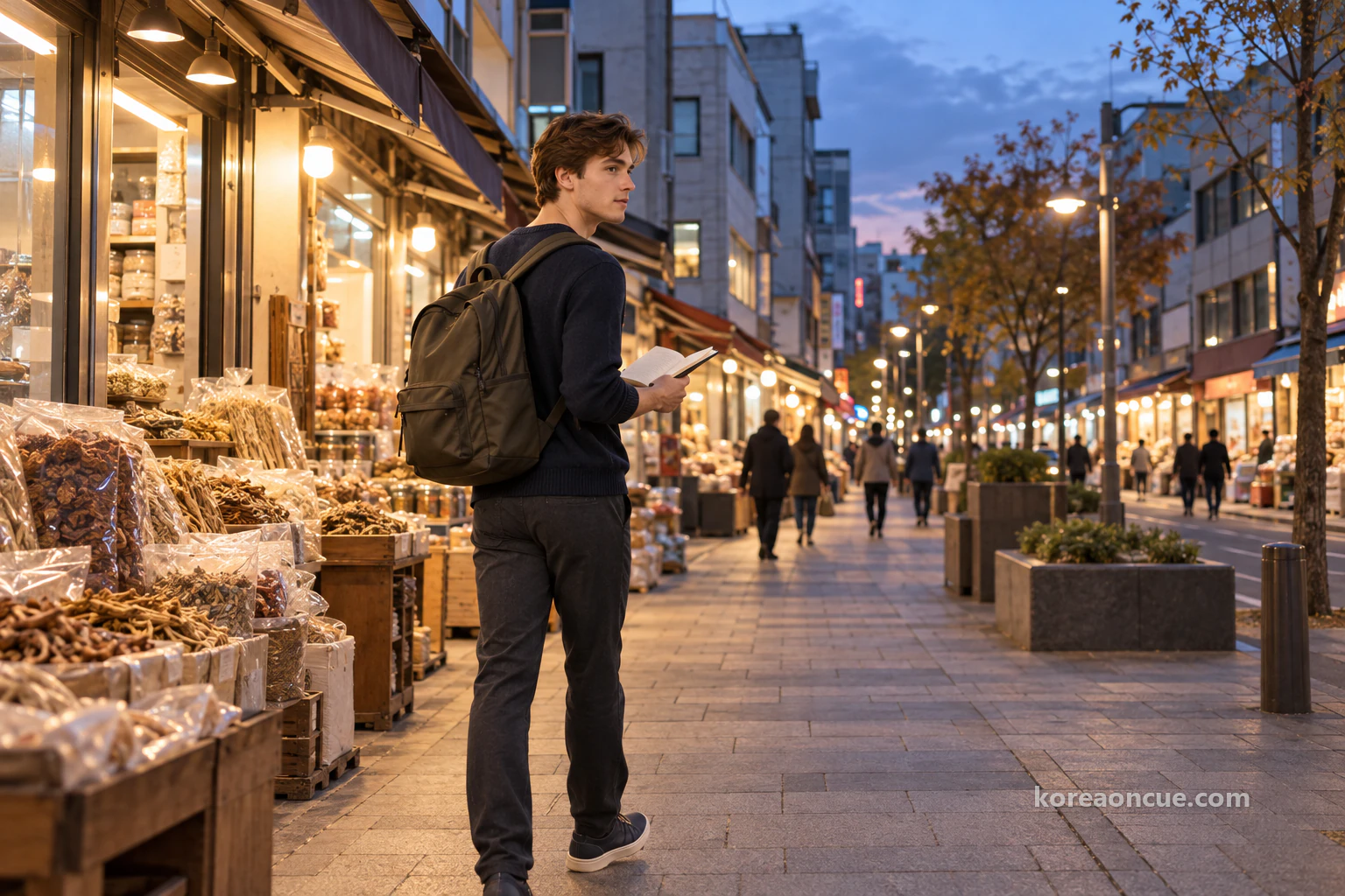 Wide view of a street of low commercial buildings with shop lights coming on in bluish evening light, Noah seen from behind at an angle walking slowly along the pavement with an open notebook in one hand and looking down the street. Editorial image.