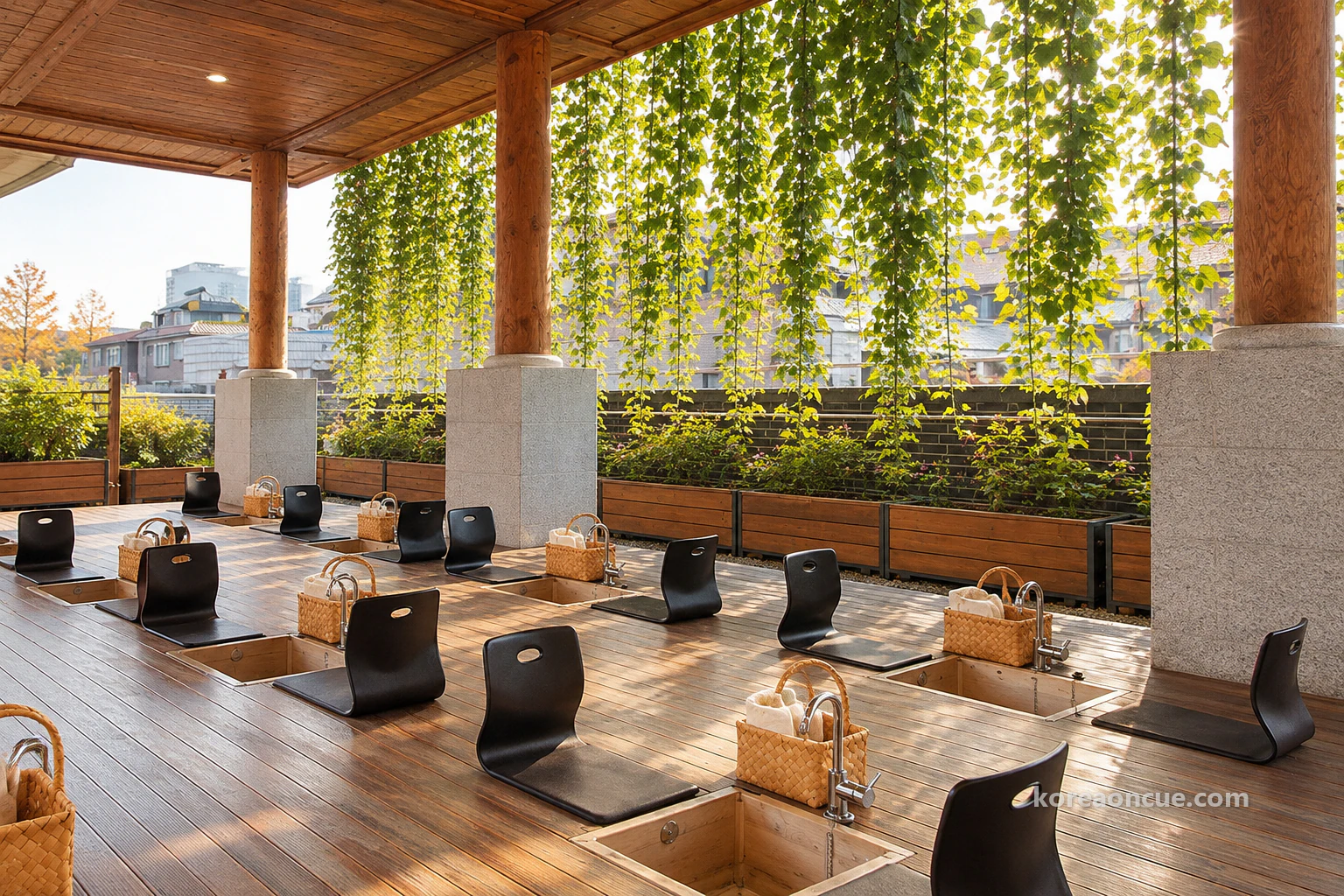 An empty covered outdoor deck with a wooden ceiling and round timber columns on granite bases, rows of low wooden tubs with small faucets, black low-backed floor chairs and woven baskets, hanging vines above planters at the edge and house and shop rooftops beyond. Editorial image.