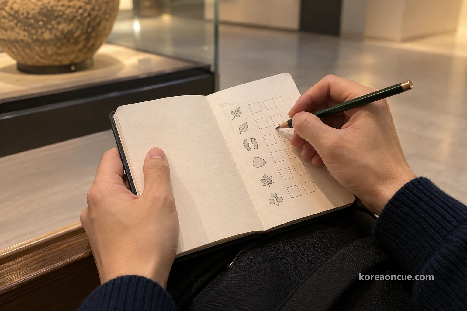 Close-up of a young man’s hand drawing a grid of drawer-like squares with a pencil beside a row of little leaf, footprint and stone symbols in an open small notebook. Editorial image.