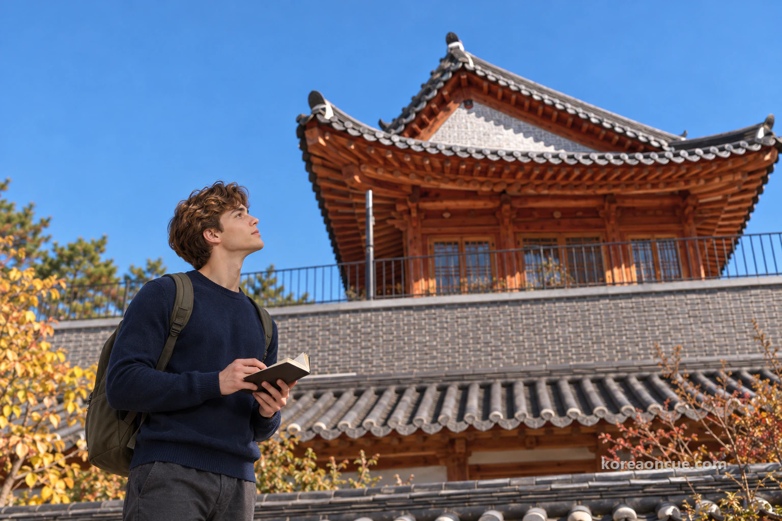 Low-angle view of curved grey roof tiles and an upturned eave against a blue sky, red-brown wooden brackets beneath, with Noah’s side profile and shoulders at the bottom as he tilts his head back. Editorial image.