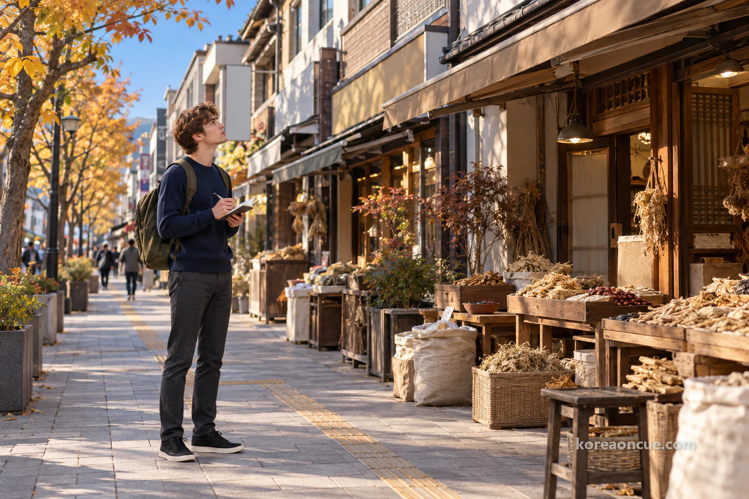 Full-length angled side view of Noah on a pavement in a street of low commercial buildings on a late-autumn afternoon, looking up at the shops while sketching in a small notebook, wooden trays and sacks of dried roots outside the shopfronts. Editorial image.