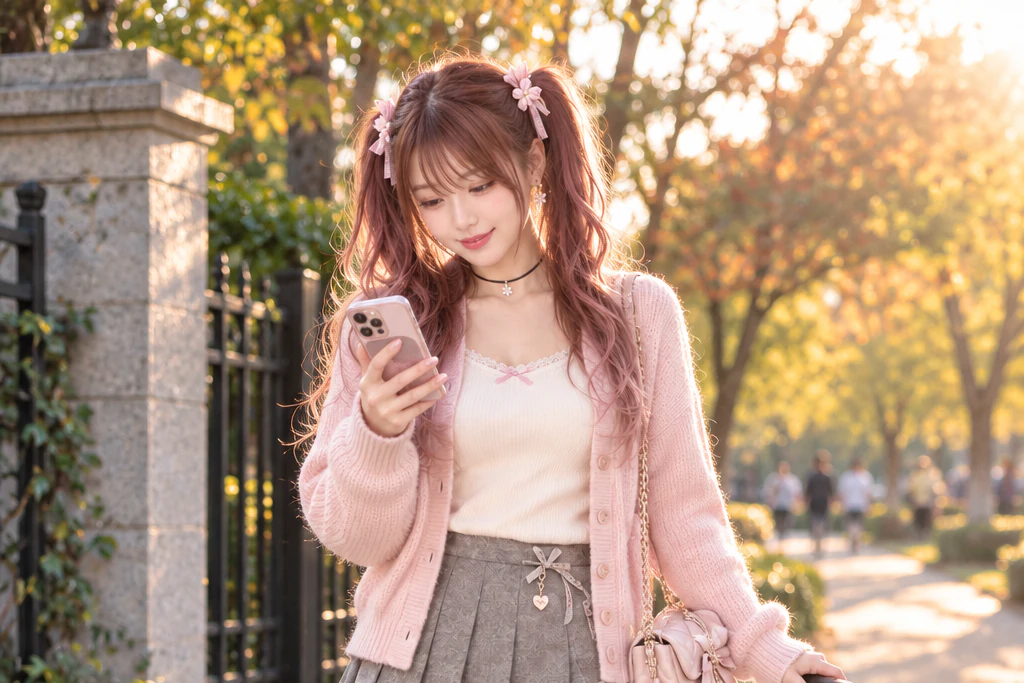 Hina pausing on the pavement just outside a park’s back gate in late afternoon, one hand on her suitcase handle and her phone facing her as she smiles slightly, a blurred tree-lined park path behind her in warm backlight. Editorial image.