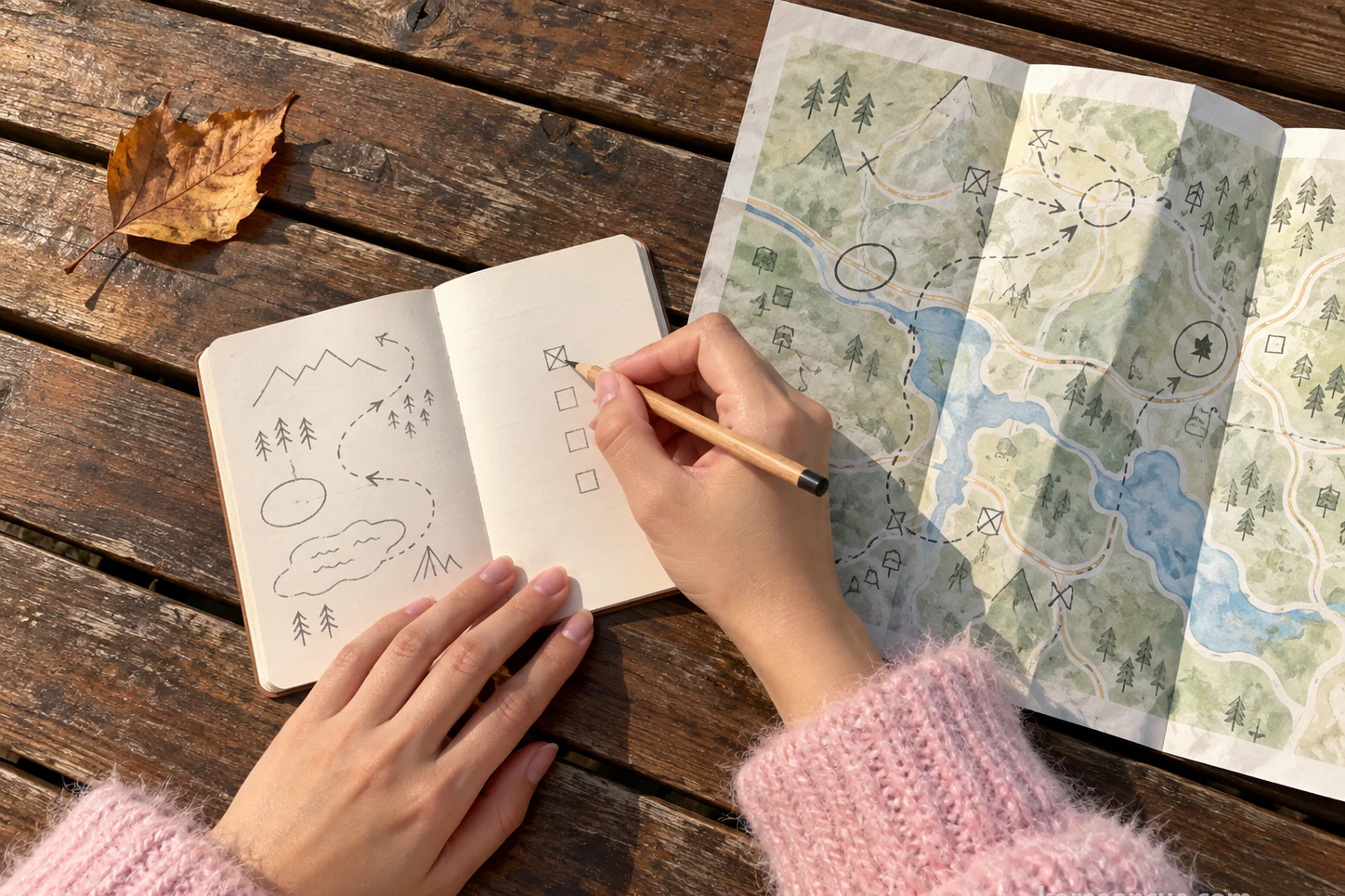 Close-up of an open notebook and a folded park map on a wooden bench, a hand using a pencil to cross out one box among circles and arrows, with a single fallen leaf on the slats. Editorial image.