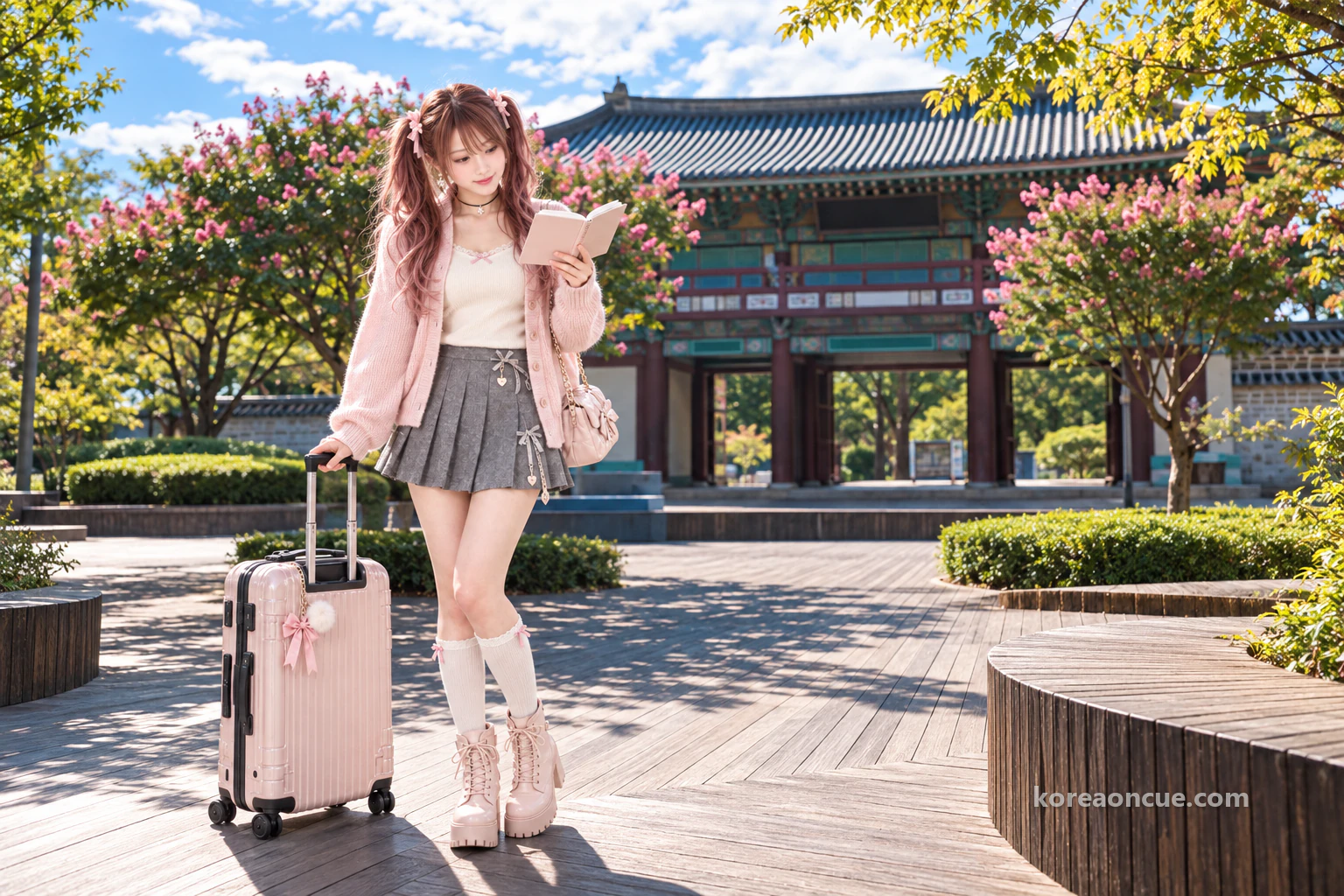 Hina standing just beyond a traditional tiled-roof park gate, holding her suitcase handle and looking down at her notebook with slightly raised eyebrows, a wooden deck plaza, round benches and trees behind her. Editorial image.