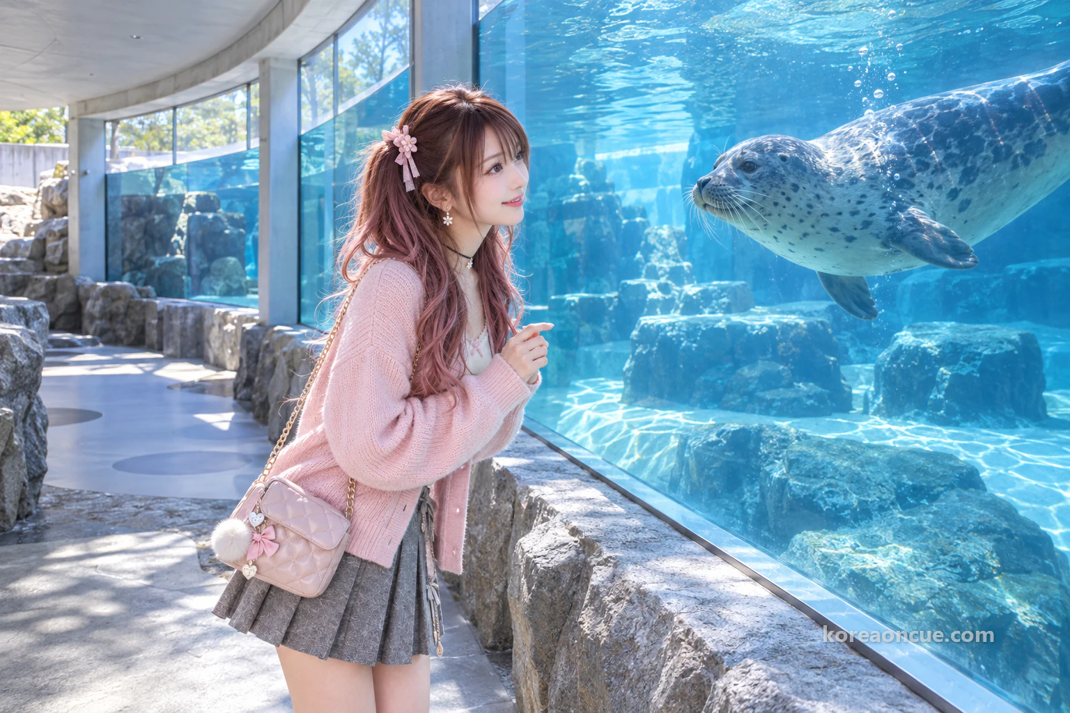 Side view of Hina leaning slightly towards a large underwater viewing window, following a seal swimming in blue water with her eyes, bluish light on her face and her hands clear of the glass. Editorial image.