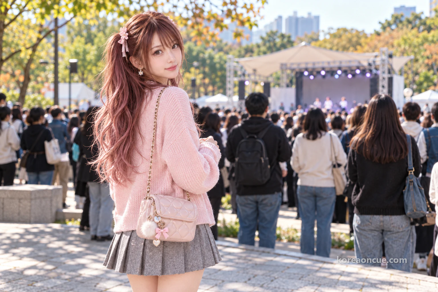 Hina seen from behind with her profile visible at the back edge of a small crowd watching an outdoor stage in a park, tiny blurred figures on the distant stage and trees in midday light. Editorial image.