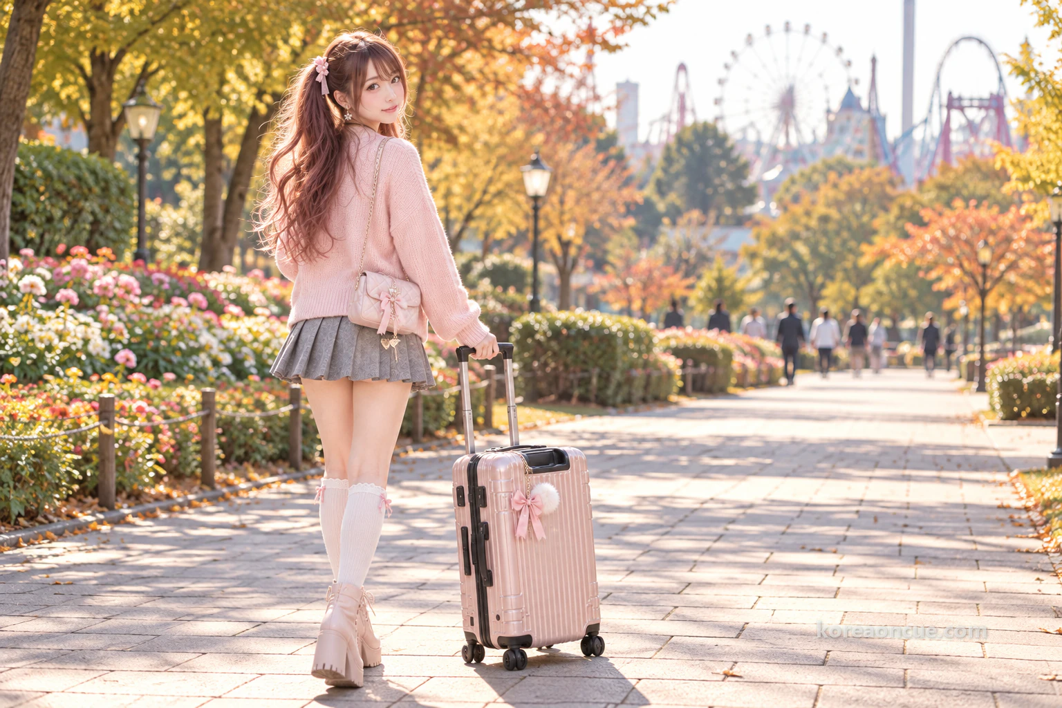 Hina walking away at an angle along a wide tree-lined park path in late afternoon, pulling a small suitcase and looking ahead, trees beginning to change colour, low flower beds and blurred amusement rides in the distance. Editorial image.