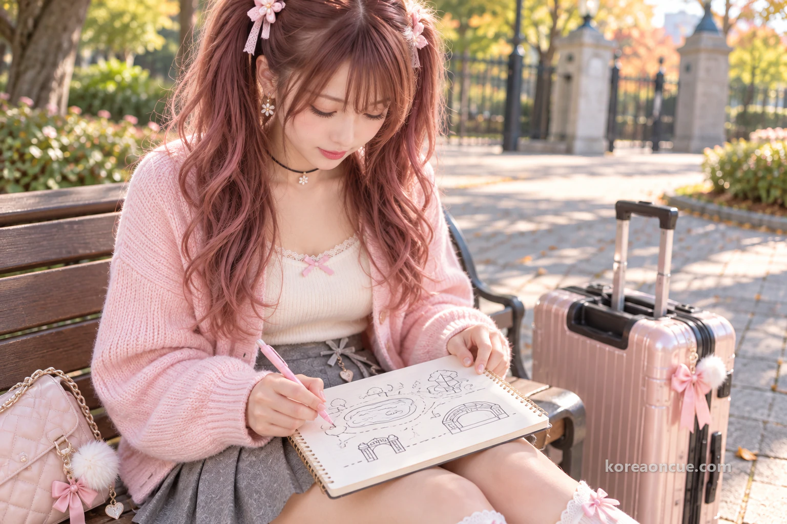 Close-up of a hand drawing gate, wavy window, empty enclosure, octagon and semicircular stage shapes connected by lines in a notebook on her knees, a small suitcase beside the bench in slanting afternoon light. Editorial image.