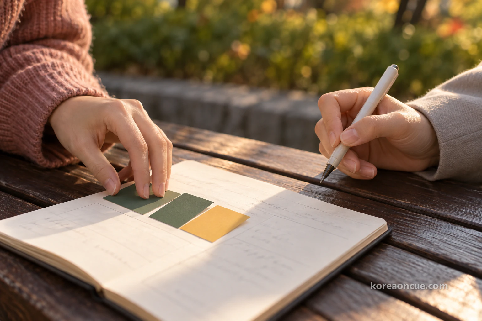Close-up of a hand laying three or four plain colour cards in a row across an empty box in a small notebook on a wooden bench, another hand beside it holding an uncapped pen, deep green, dark green and soft yellow cards in warm late-afternoon light. Editorial image.