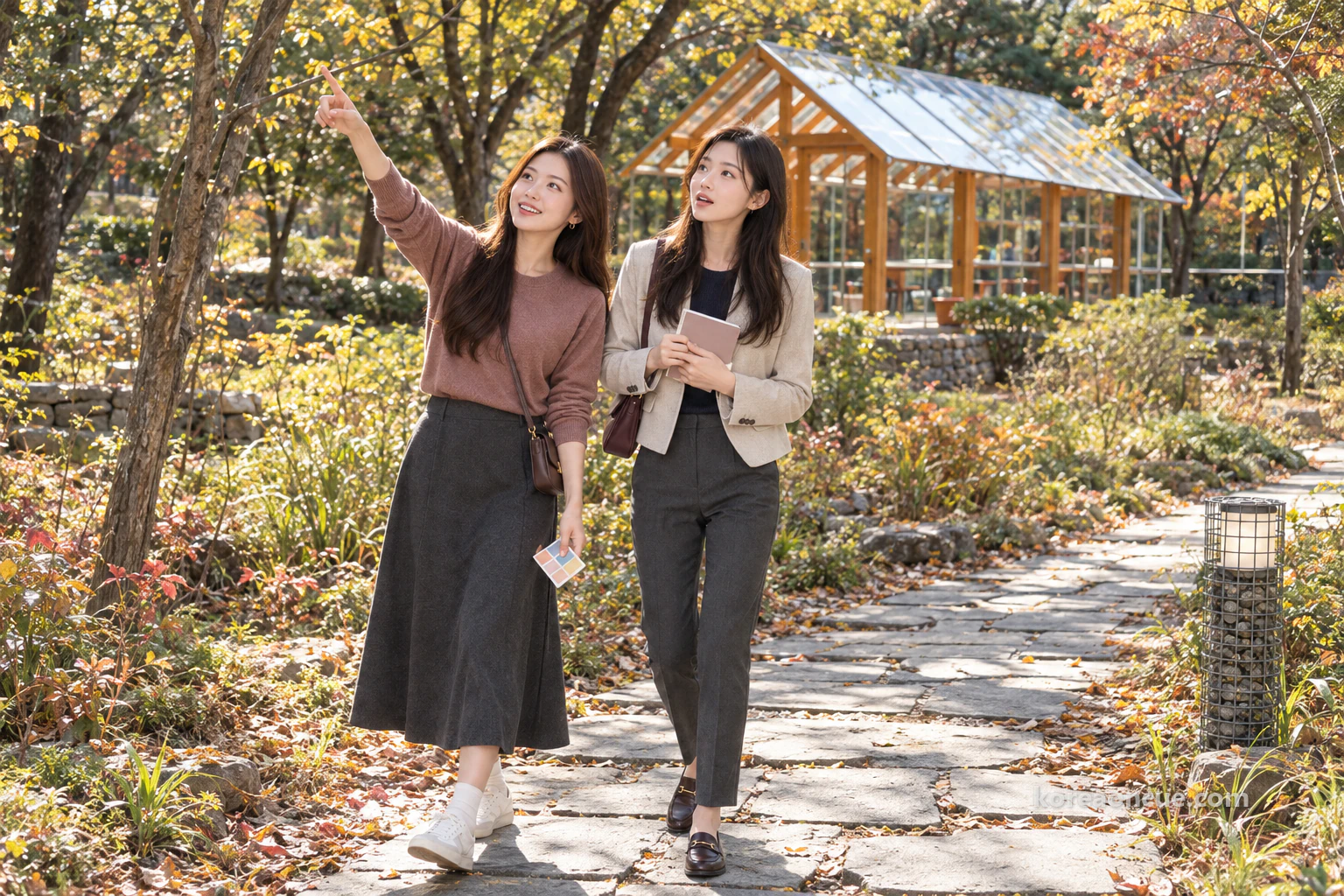 Mali on a winding path of thin stone slabs pointing excitedly up at a pavilion with an orange-toned timber frame and a clear glass roof, Rina following her fingertip with a look of surprise, trees around them starting to turn yellow and red. Editorial image.