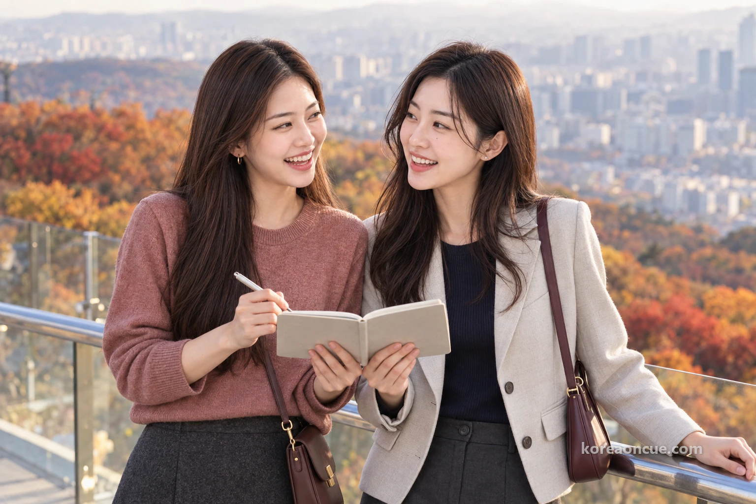 Mali and Rina holding an open notebook between them by the glass railing of the viewing deck, their eyes meeting as they burst out laughing, Mali with a pen in her hand and Rina resting a hand on the railing, autumn forest blurred behind them. Editorial image.
