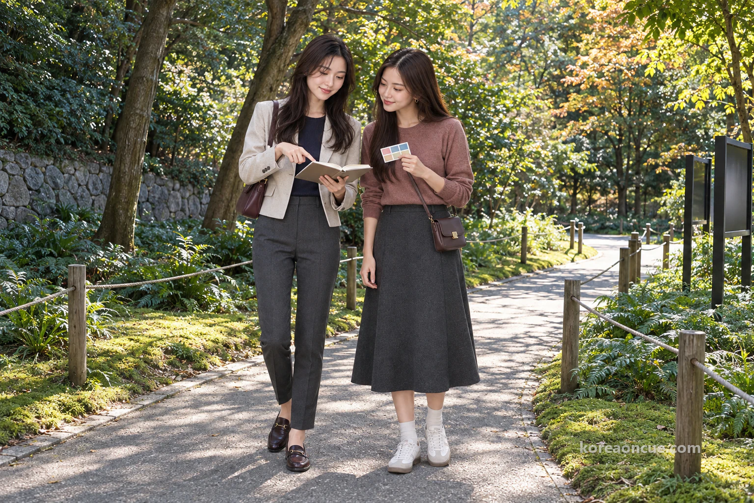 Rina pointing at a page in her open notebook and smiling while Mali leans in and nods, on a paved path between moss-covered ground, low stakes linked by rope, a dry-stone wall and ferns, two black-framed panels turned away behind them. Editorial image.