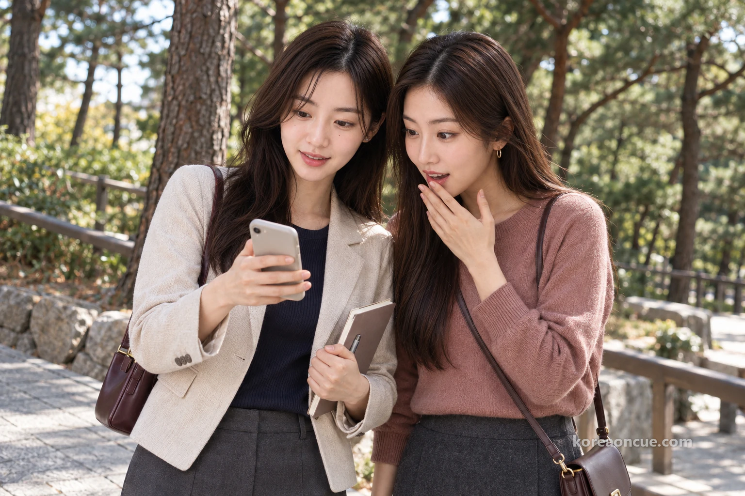 Rina tilting her phone towards Mali at the edge of a walking road beside a dense pine grove, Mali close at her shoulder glancing down at the screen with raised eyebrows, one hand lifted towards her mouth in surprise. Editorial image.